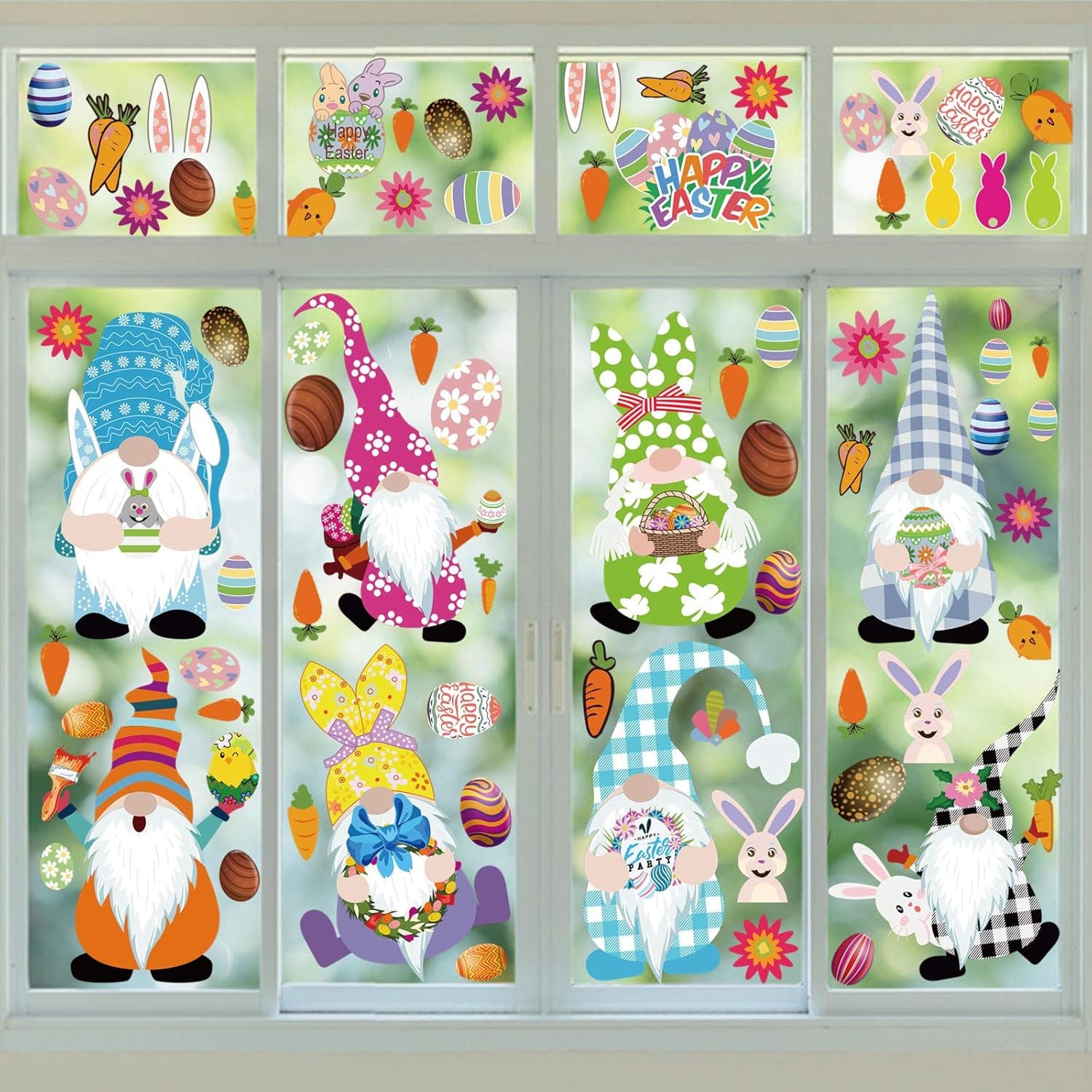 Stology 9 Sheets Happy Easter Window Clings, Buffalo Plaid Check Gnome Bunny Stickers Rabbit Egg Wall Decals Chick Carrot Decor, Spring Holiday Home Kitchen Office Fridge Decorations Party Supplies
