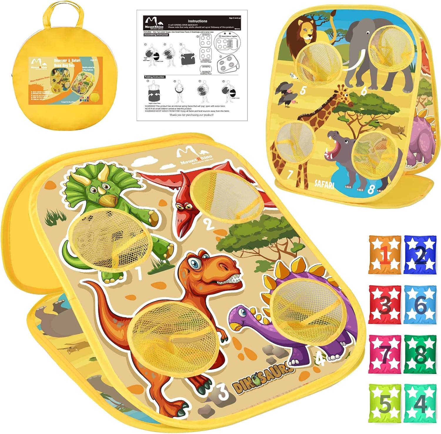 MountRhino Bean Bag Toss Game Toy for Kids,Dinosaur & Safari Double Sided Kids Cornhole Board, 8 Colorful Beanbags, Collapsible Indoor Outdoor Games for Kids, Best Gift for Kids and Family.