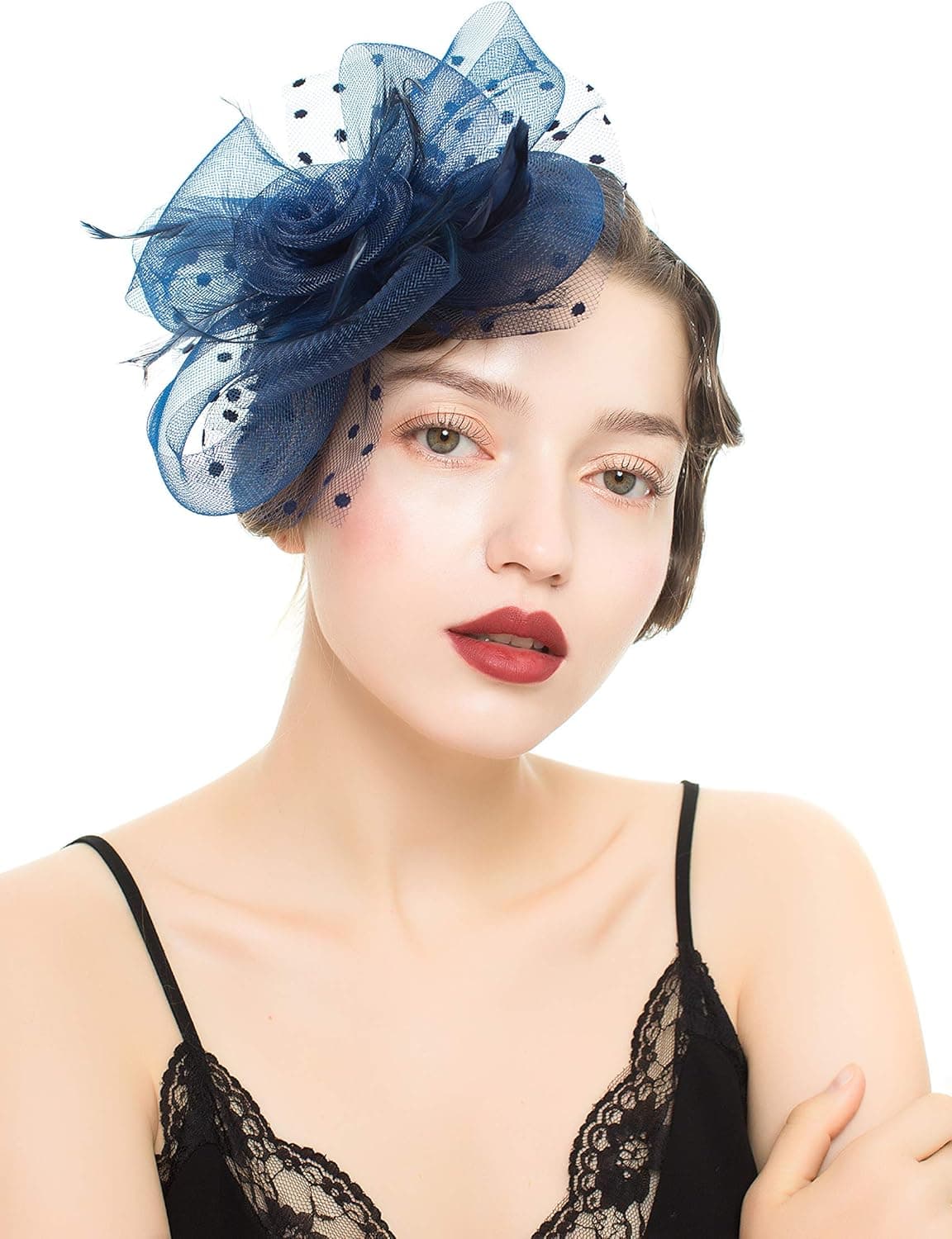 MAKELIFE Feather Fascinator Hair Clip Women Bowknot Kentucky Derby Cocktail Wedding (Navy Blue)