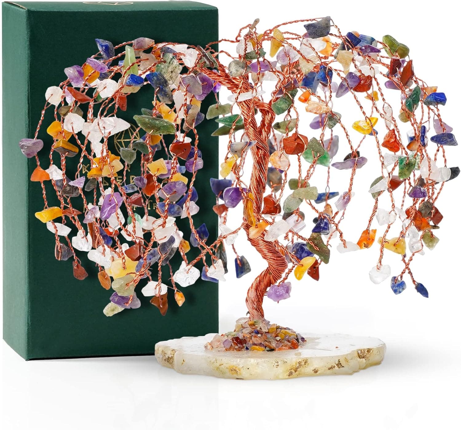 KARMAPLEDGE Handcrafted Chakra Crystal Tree (Slice Base Copper Wire), Healing Chakra Tree with Tumbled Gemstones, Natural 7 Chakra Tree of Life Home/Office Decor for Wealth & Prosperity