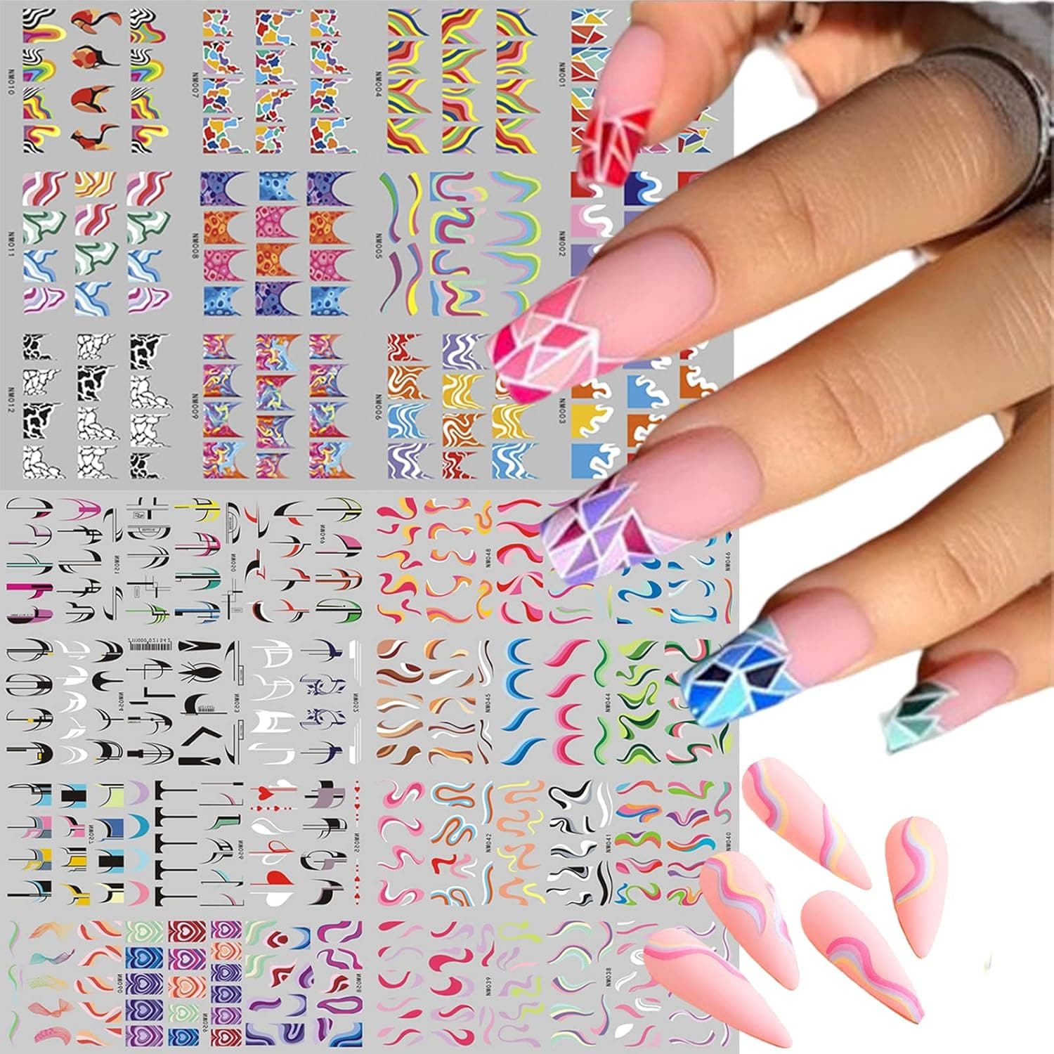Rainbow Nail Art Stickers, 36 Sheets Water Transfer Decals for Nails, Colorful Wave Line Heart Designs Nail Accessories for Nail Art, French Strips Nails Decoration Supplies