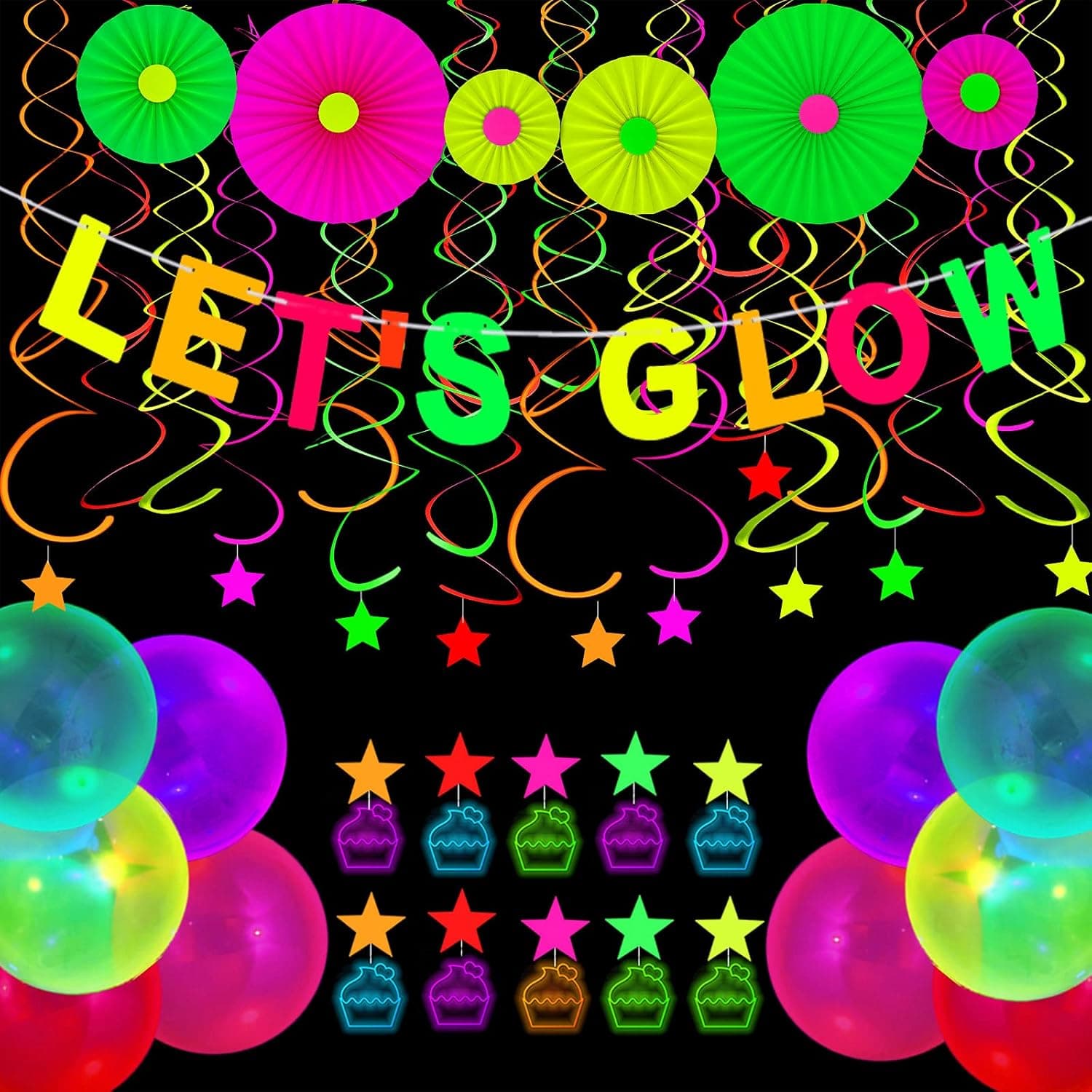 Zonon Glow Neon Party Supplies Includes Let's Glow Banner Star Hanging Swirl Double Hanging Swirl Fluorescent Balloons Star Cupcake Toppers Fluorescent Hanging Paper Fans for Glow Birthday Party