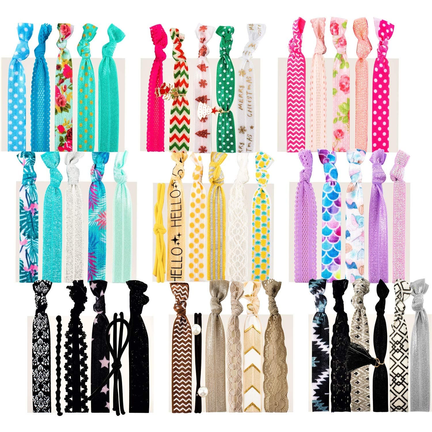79STYLE 50pcs Elastic Hair Ties No Crease Ouchless Cute Print Ribbon Ponytail Holders Braid Soft Fabric Yoga Twist Cute Hair Ties Hair Accessories Hand Knotted Fold Over Solid Colors (50 Multi-colored)