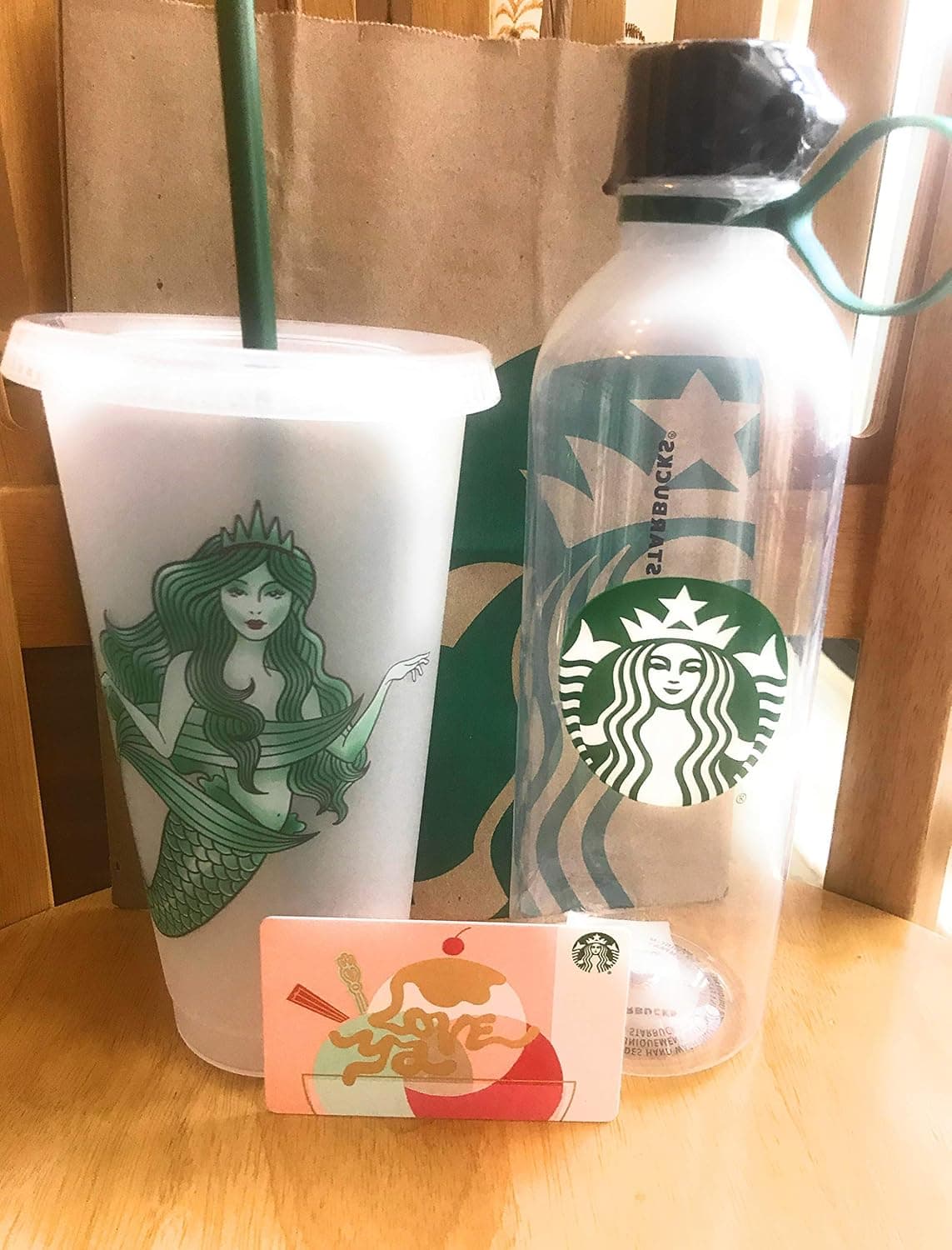 Starbucks Water Bottle Clear Plastic 24oz BPA Free and Starbucks Cup Mermaid Limited Edition Frosted Venti Cup 24 oz to Go Cup Tumbler w/Lid and Reusable Straw Plus a Free Blank Love Ya Gift Card-