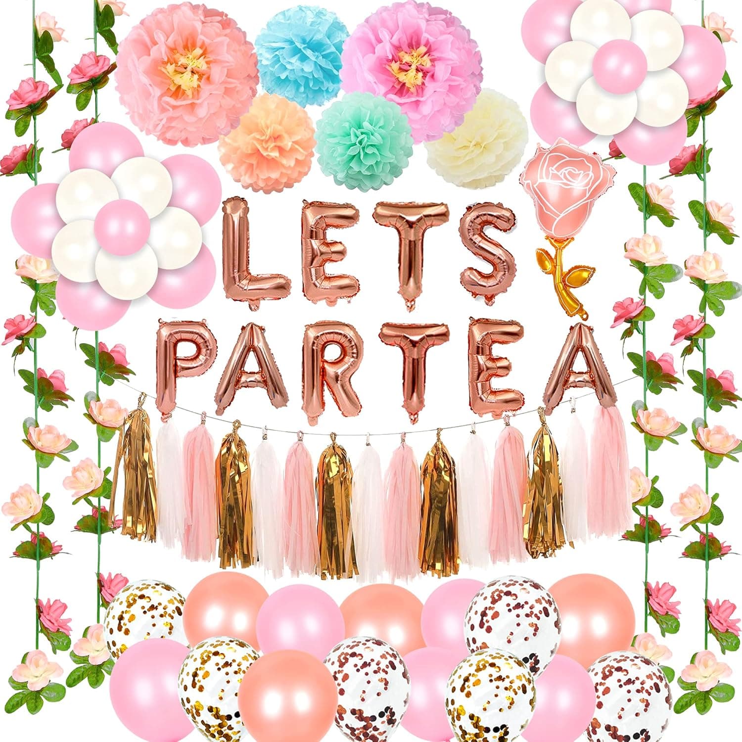 Tea Party Decorations Kit with Lets Par-tea Balloons Hanging Fake Flowers Garland Foil Rose Floral Balloons Paper Tassel and Pom Poms Supplies for Wedding Bridal Shower Engagement Girls Birthday Decor