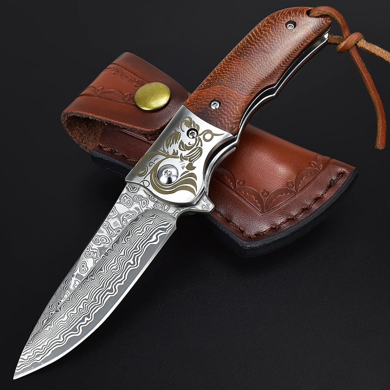 AUBEY Damascus Pocket Knife with Clip, Damascus Knife Folding Knife with VG10 Damascus Steel Blade, Wooden Handle, Liner Lock, Leather Sheath - Foldable Knife EDC Knife for Outdoor Survival Collection Gift