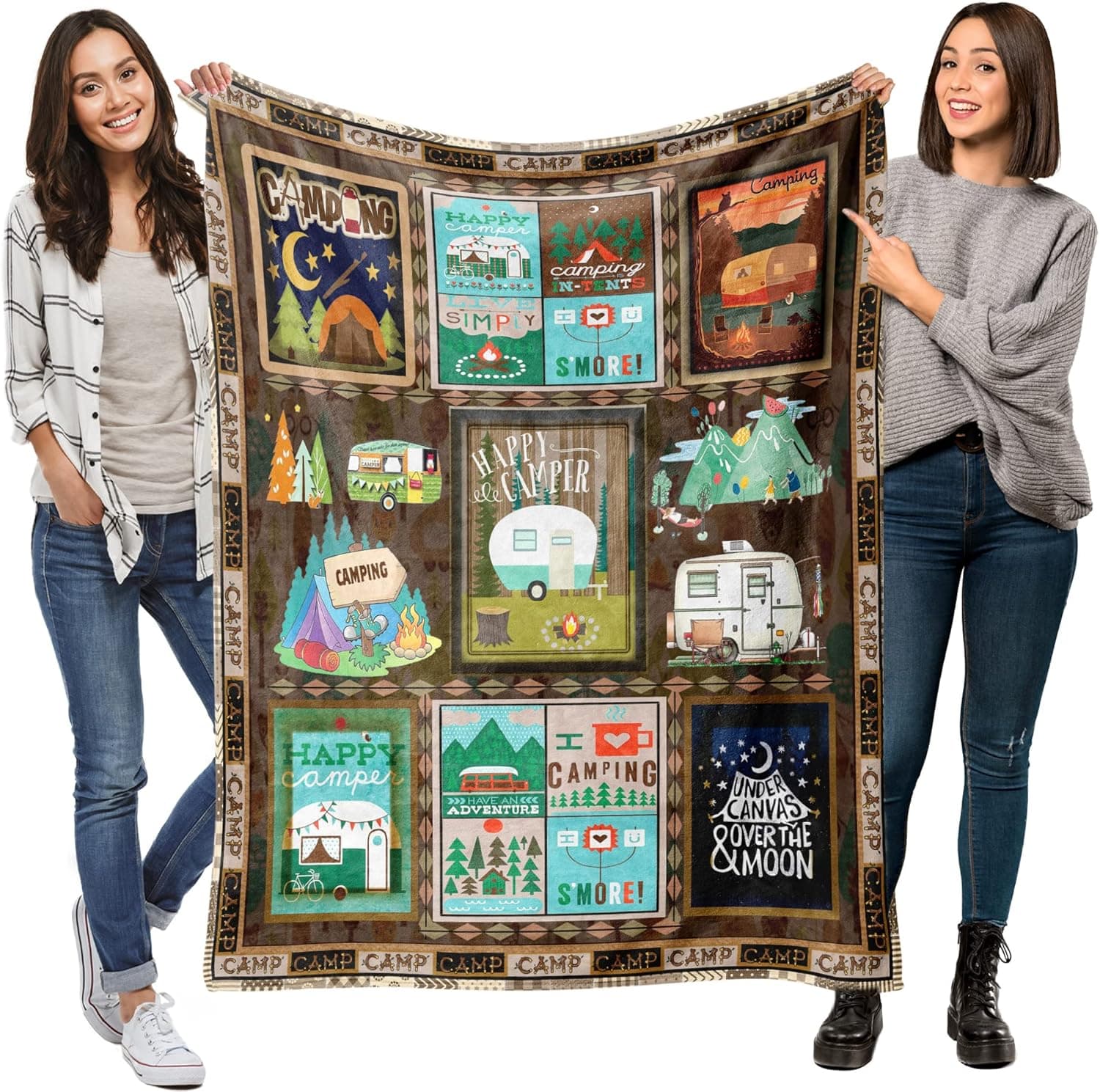 Flannel Fleece Blanket Throws Happy Camper Lightweight Plush Soft Cozy Warm Blanket for Living Room Couch Chair Bed Sofa Office,50X60 inches
