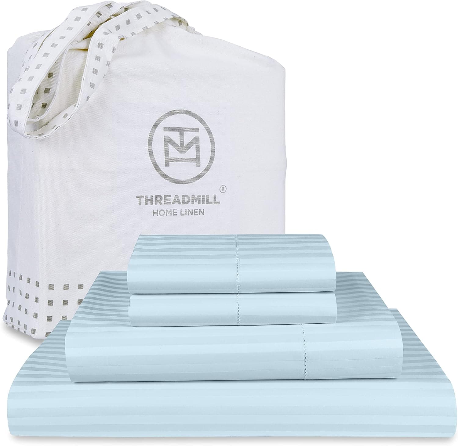 Threadmill 100% Cotton Sheets for Cal King Size Bed - 600 Thread Count Cal King Bed Sheets Set with 16” Deep Pocket - Damask Stripe Sateen Weave 4-Piece Bedding Set with Cooling Effect, Blue
