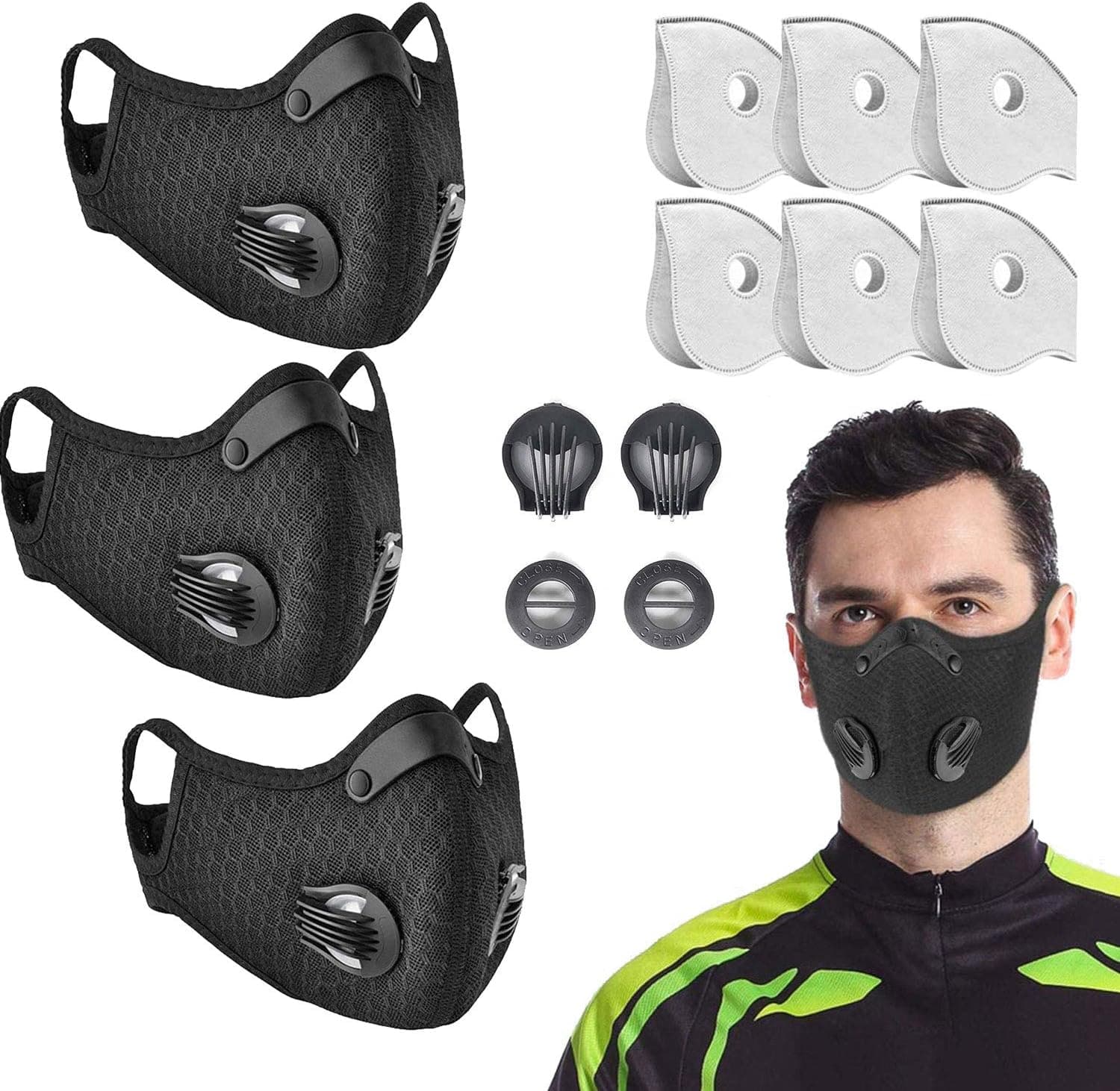 3 Pack Dust Mask by undwider, Prevent Saliva Safety Dust Mask with 6 filters and 2 Valves for Sports Outdoor Activities, Cycling, Motorcycle, Running (ZLD3M6-2-1)