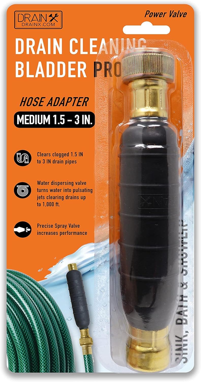 DrainX Hydro Pressure Drain Cleaning Bladder Pro - Fits 1.5" to 3" Drain Pipes - Unclogs Stubborn Blockages in Bathroom Sinks, Shower Drains, Bathtubs, Plumbing Pipes