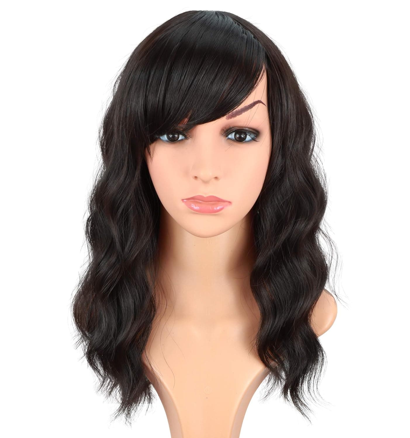 SYMEIW Medium Length Dark Brown Wavy Synthetic Hair Wigs For Black Women Shoulder Length Curly Wigs Heat Resistant Wigs With Free Wig Cap 16 Inches. (DARK BROWN(2#))