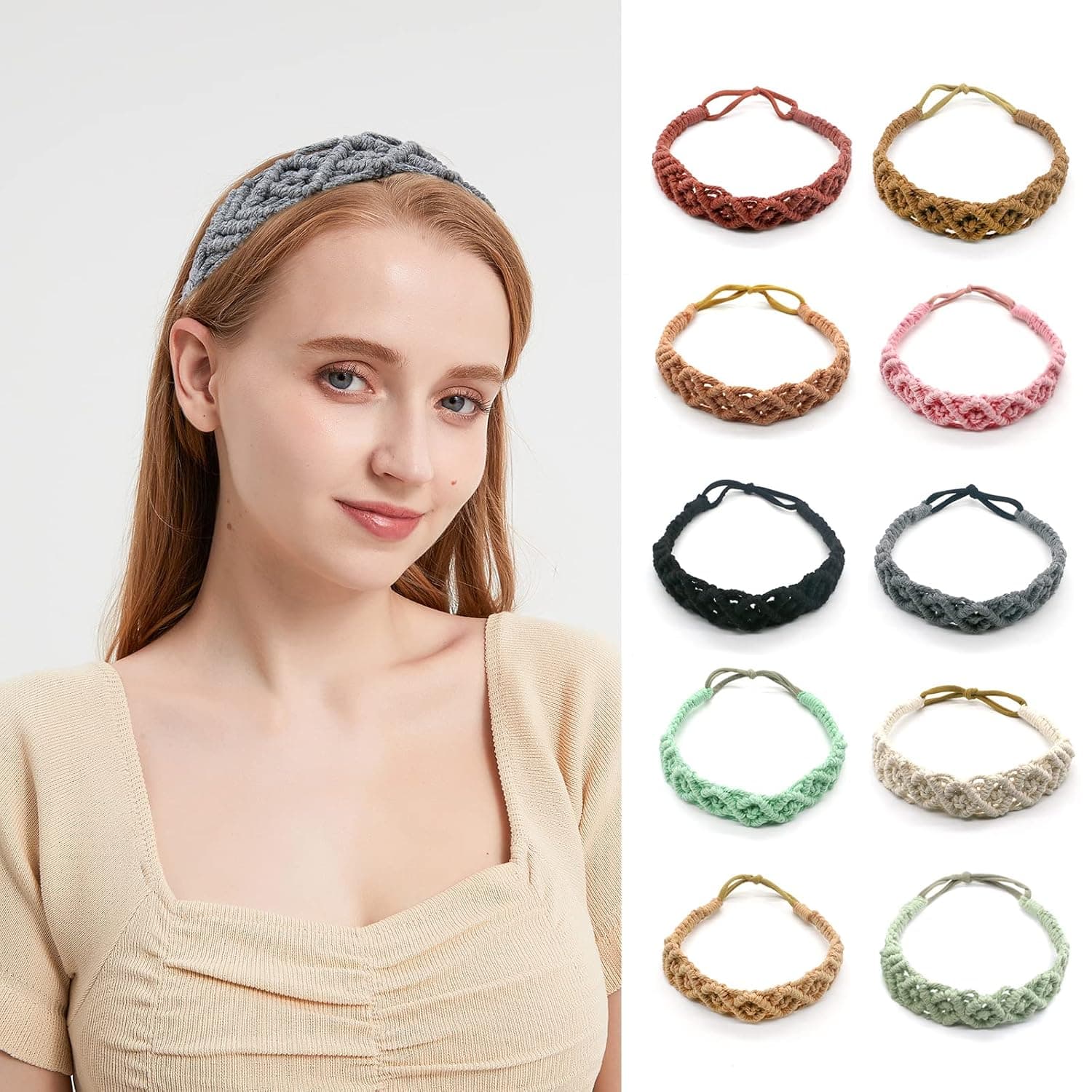 Symbolife Crochet Headbands for Women Girls Handmade Macrame Boho Hair Bands Elastic Hippie Hair Bandanas Elastic Braided Headwrap Yoga Workout Vintage Hair Accessories Festival Birthday Gift (Grey)