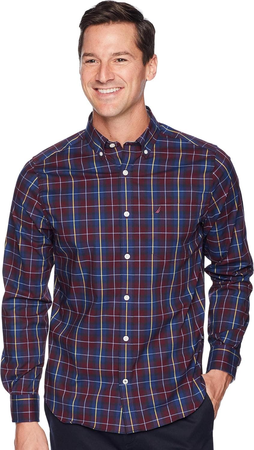 Nautica Men's Ls Wrinkle Resistant Stretch Poplin Plaid Button Down Shirt