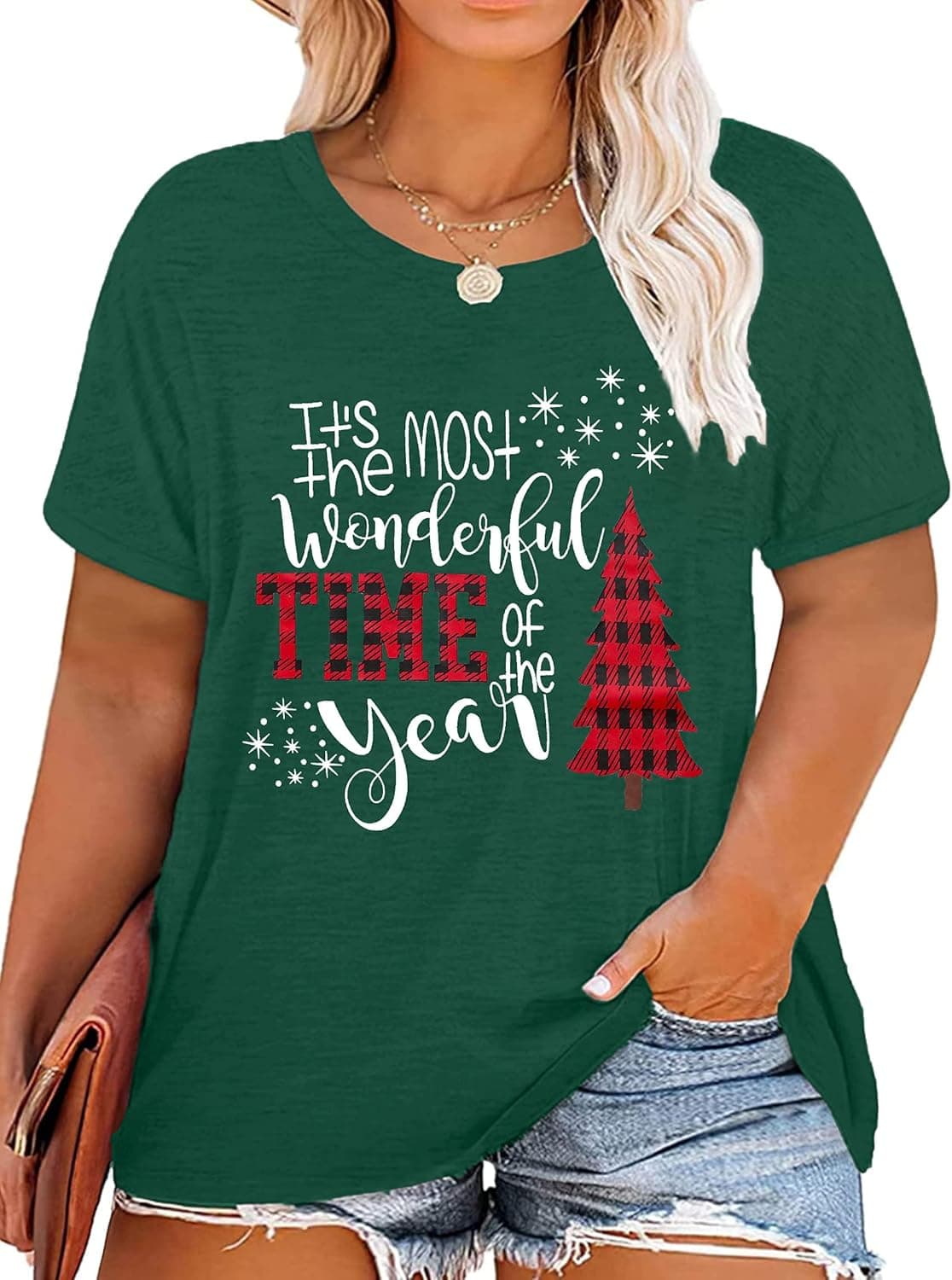 Plus Size Christmas Tops Women Merry Christmas Shirt Xmas Buffalo Plaid Tree T-Shirt Oversized Graphic Tee