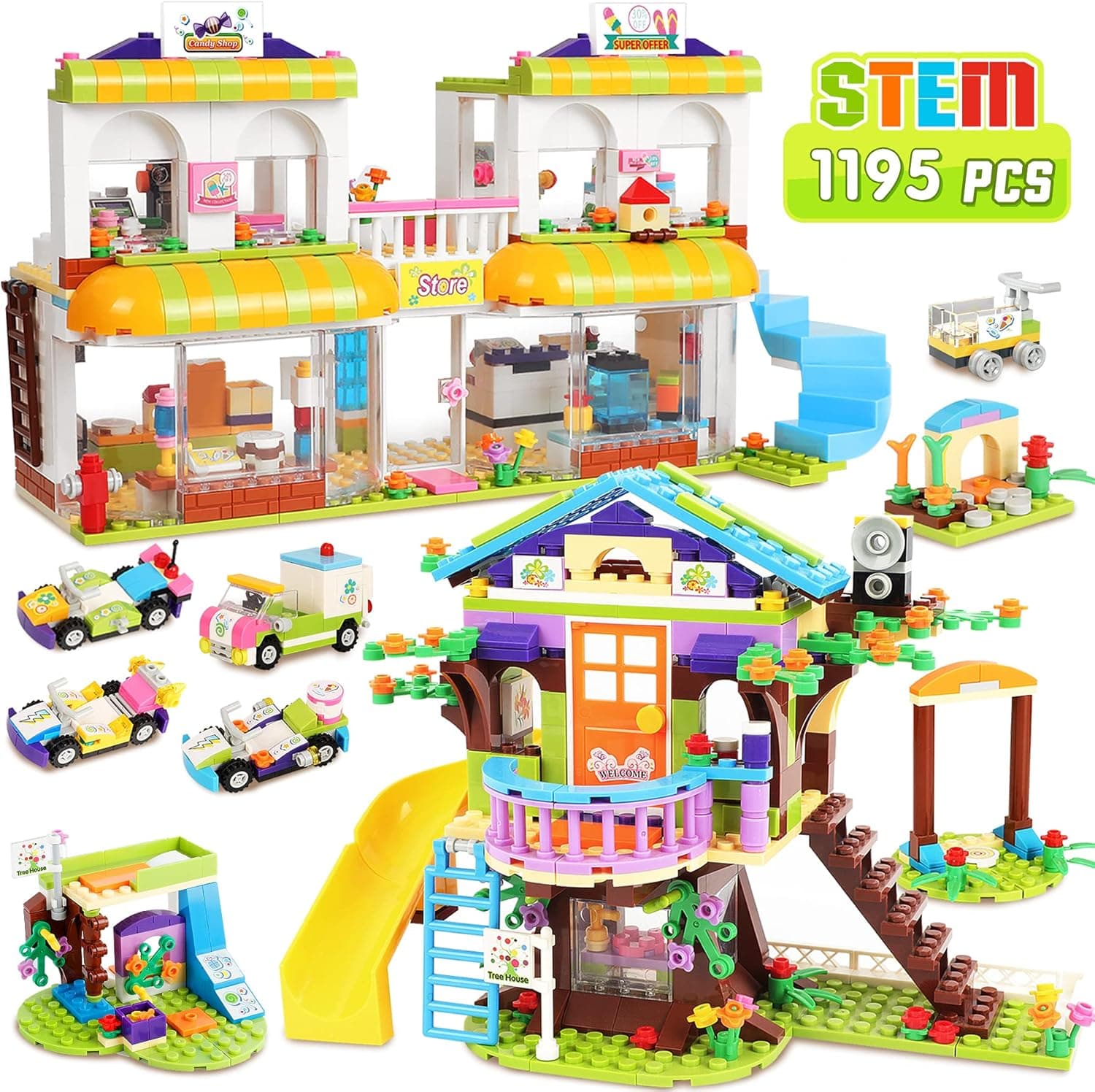 Friends Tree House Store Building Blocks Sets for Girls 6-12, Supermarket Treehouse Building Kit with Storage Box, Creative Learning Roleplay Christmas Birthday Gift for Kids (1195 Pieces)