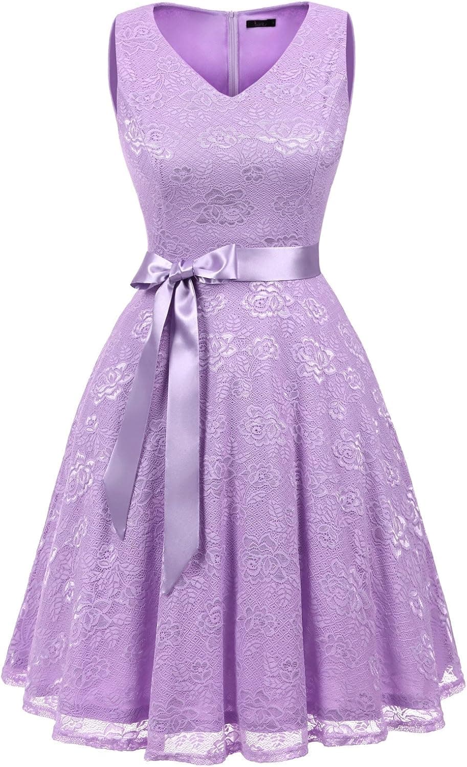 IVNIS Women's Short Bridesmaid Dress V Neck Vintage Floral Lace Swing Cocktail Dress Lavender