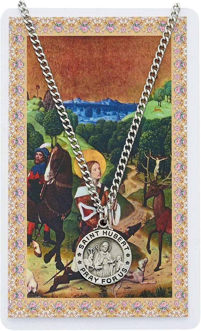 Saint Hubert 3/4-inch Pewter Medal Pendant Necklace with Holy Prayer Card