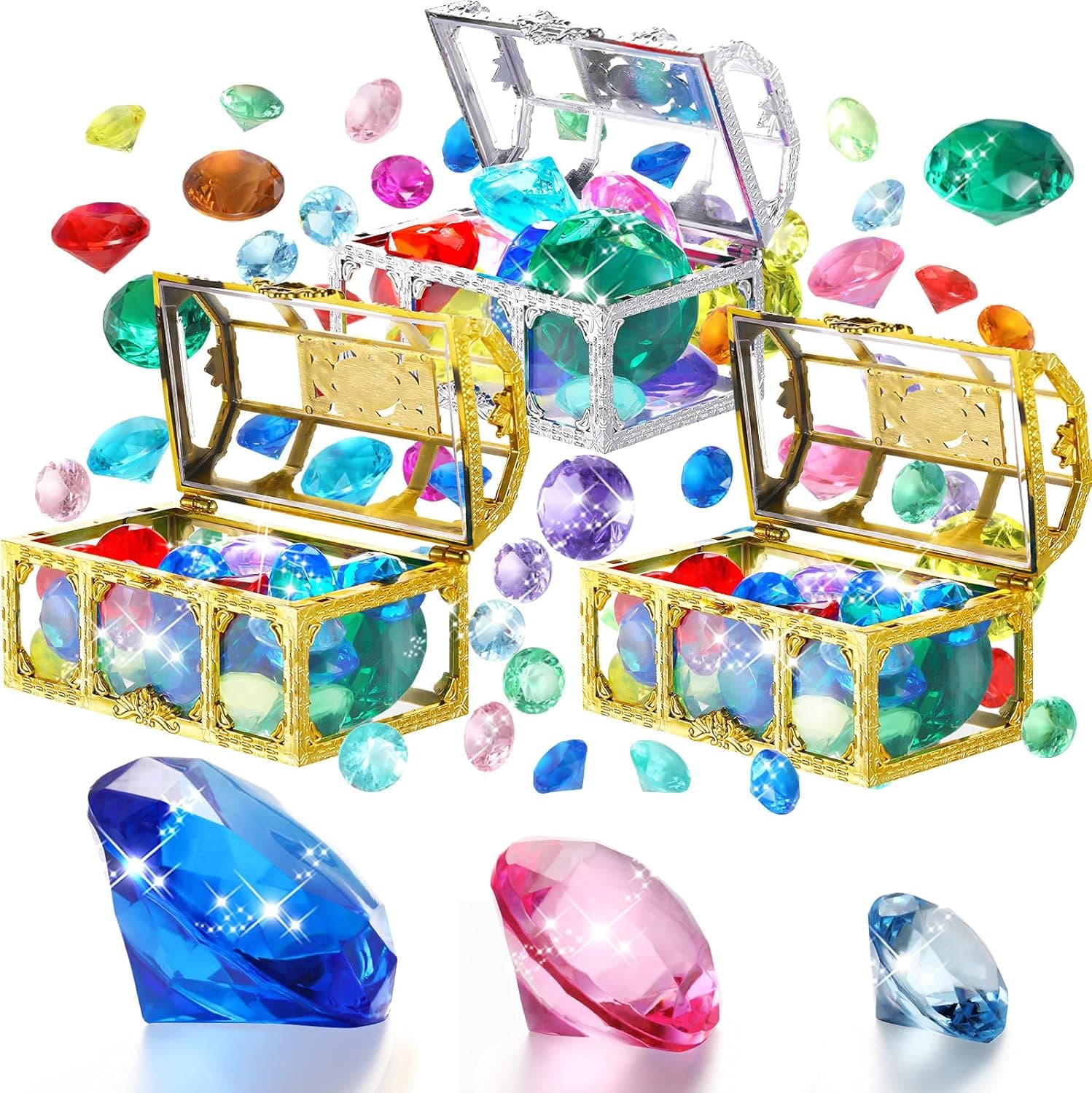 60 Diving Gems Pool Toys with 3 Treasures Pirate Box Summer Swimming Gems Diving Teaching Toys Colorful Sinking Gems Pool Toys Underwater Gem Diving Dive Throw Toy for Pool Party Birthday Decorations