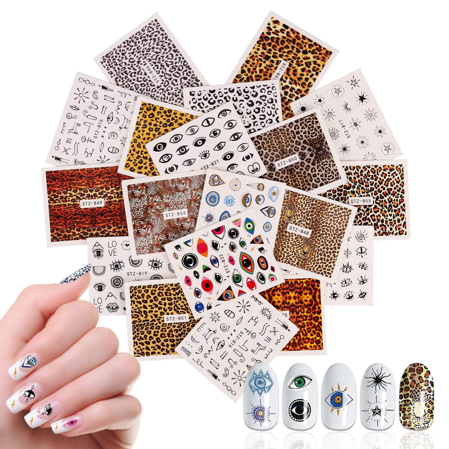 19 Sheets Leopard Eye Design Nails Art Stickers, Mwoot Fresh Water Transfer Nail Art Decorations Fingernails Toenails Manicure Tips Decor Accessories