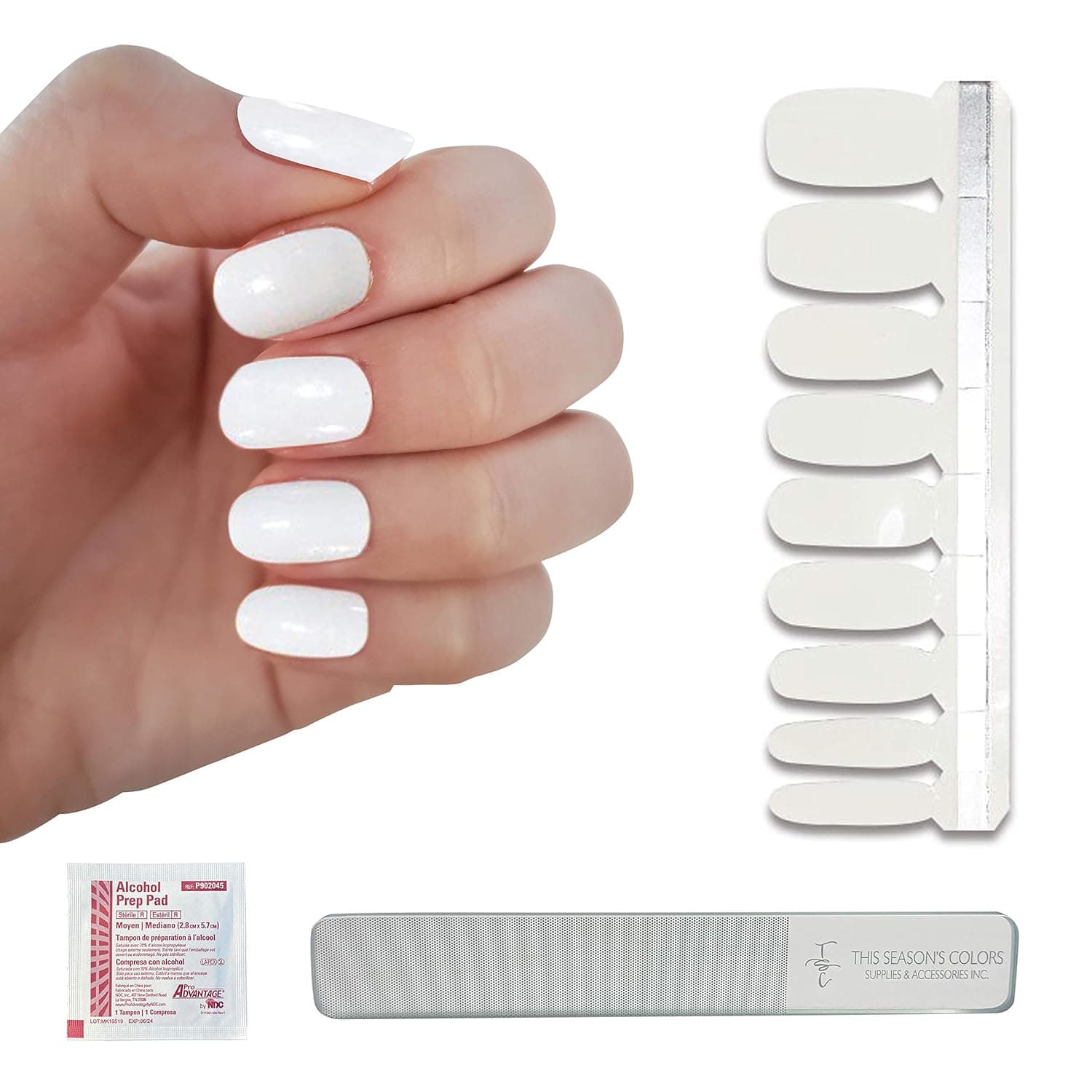 Classic Solid White Nail Polish Strips w/Reusable Glass Crystal File | This Season's Colors | Convenient Salon Quality Manicures & Pedicures for Women, Teens and Kids