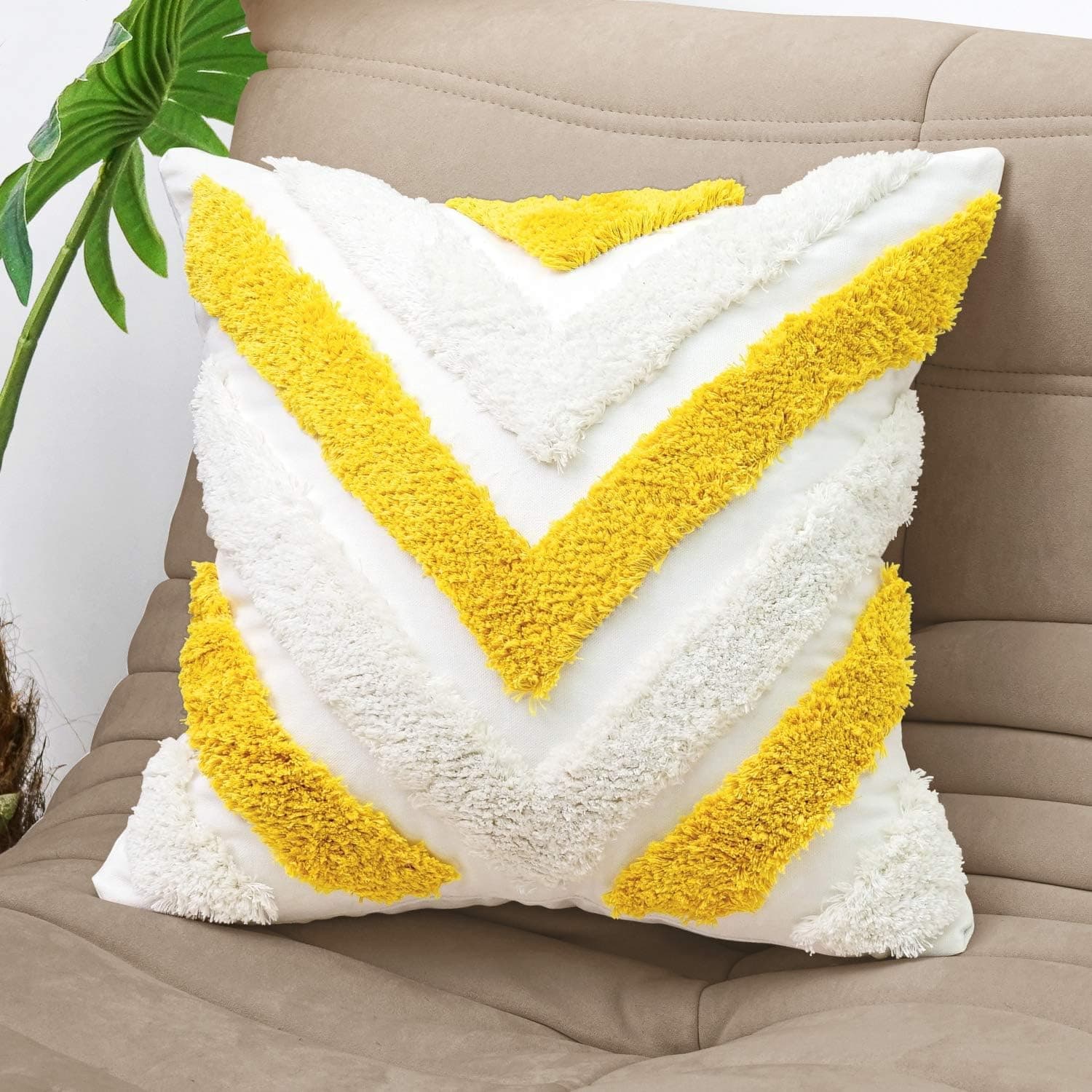 Crowned Decorative Throw Pillow Cases 18x18 Inch Cushion Cover Soft Pure Natural Cotton Tufting Geometric Square Modern Luxury Style Pillowcase Home Decor Chair Couch Sofa Bed Yellow B18