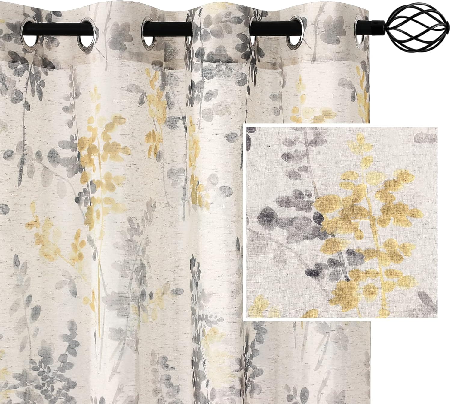 H.VERSAILTEX Sheer Linen Curtains 95 Inch Long Semi Sheer Curtains Draperies for Living Room/Bedroom Yellow and Taupe Vintage Classical Floral Printing Window Treatment Grommet 2 Panels