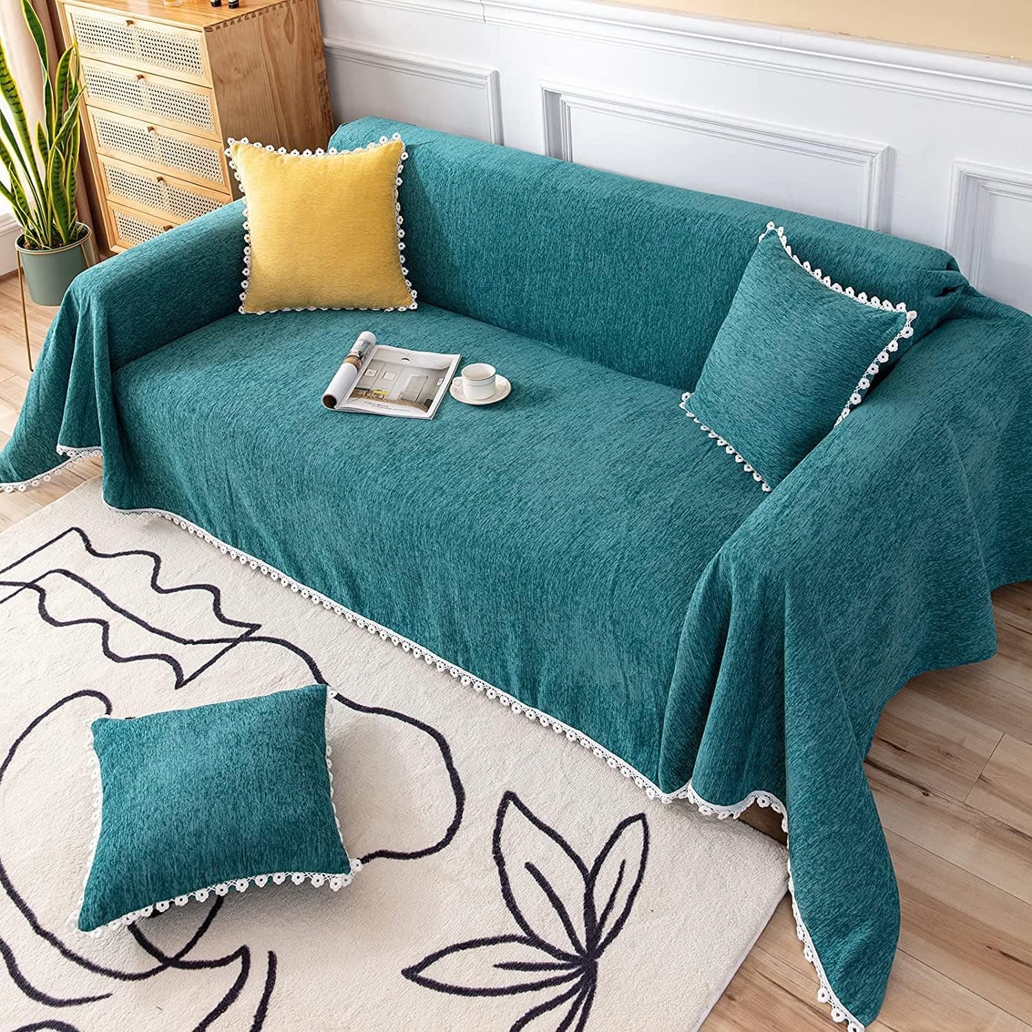 DREAMINGO Modern Minimalist Sofa Covers for 3 Cushion Couch Sofa Chenille Couch Cover 71" x 118" Furniture Protector Couch Covers with Floral Lace for Dogs Cats, Bluish Green