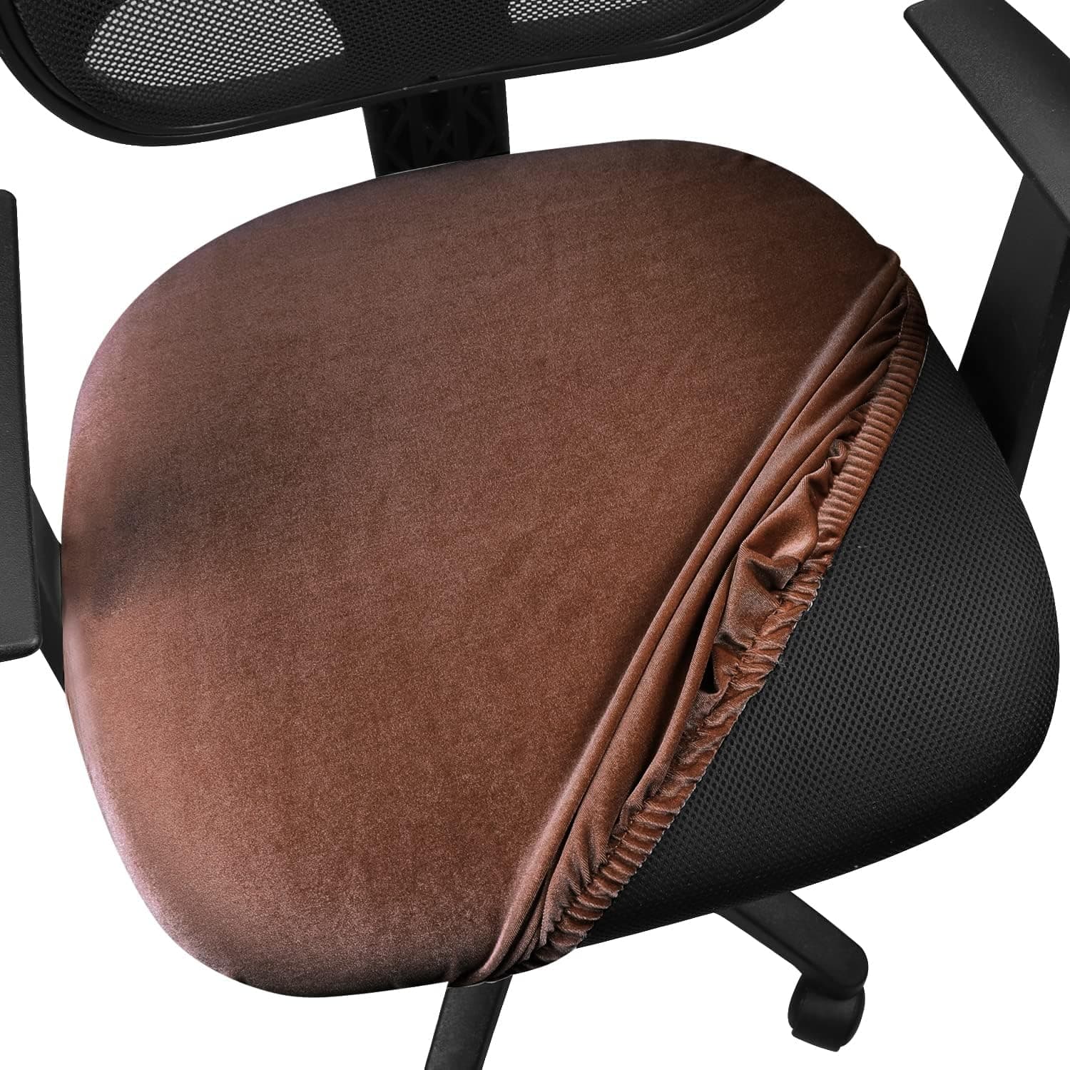 Tesytto Stretch Spandex Velvet Computer Office Chair Covers, Removable Washable Universal Chair Slipcovers for Hotel Home Bar Wedding Party Decor (Brown, Chair Seat Cover)