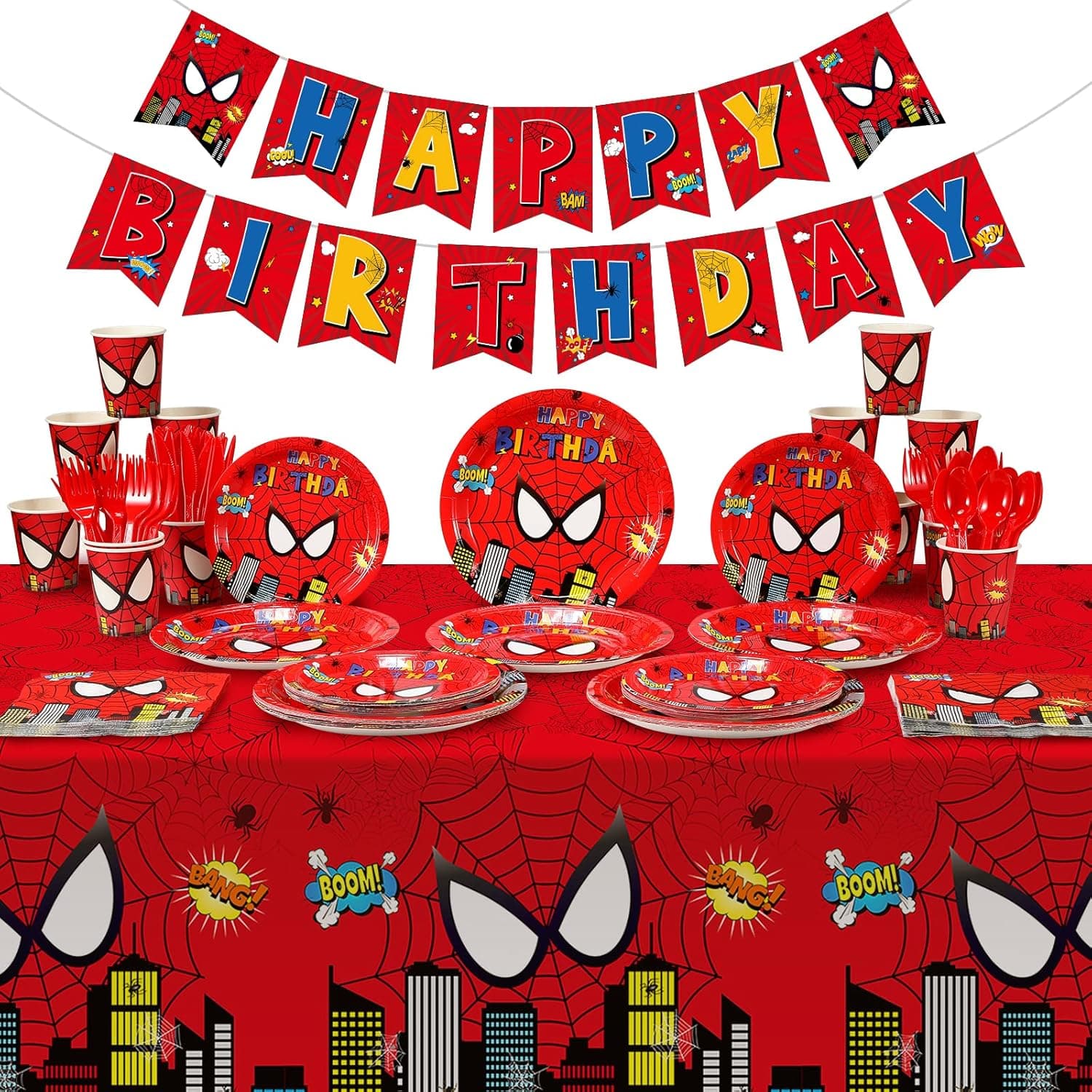 178Pcs Spider Birthday Party Supplies Spider Paper Plates and Napkins Set Disposable Dinner Tableware Paper Plates Napkins Birthday Banner Tablecloth for Kids Spider Birthday Party Decorations Serve25
