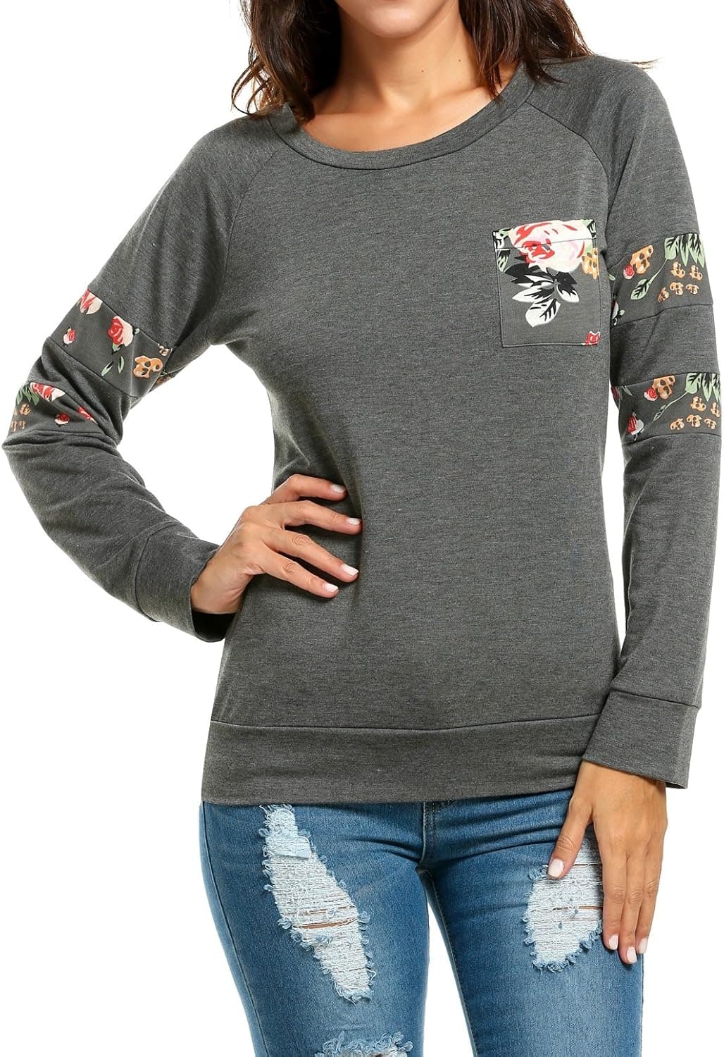 Zeagoo Women Floral Sweat Shirt Crewneck Long Sleeve Blouse Patchwork Pullover Tops Gray