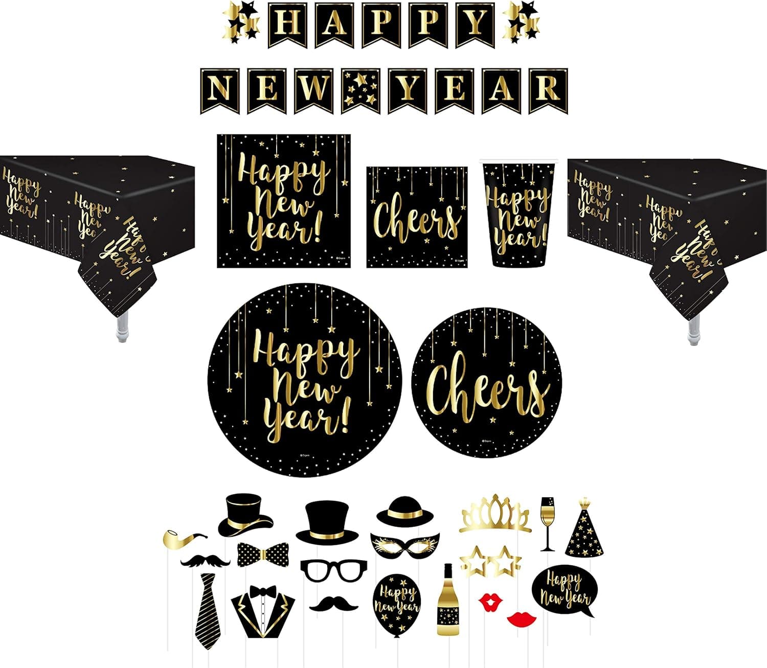 Serves 30 | Complete Party Pack | Happy New Years Eve Essentials Kit | 9" Dinner Paper Plates | 7" Dessert Paper Plates | 12 oz Cups | 60 3 Ply Napkins | 2 Table Cover | Happy New Year Banner | New Year Party Decorations New Year Party Theme