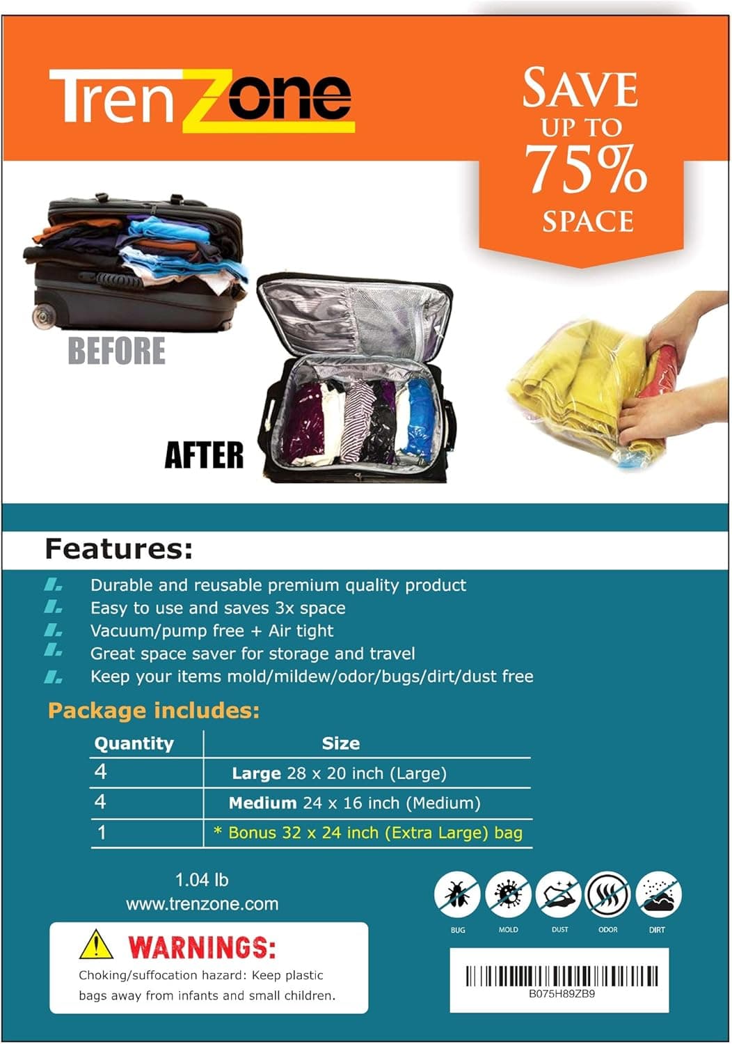 Trenz Zone Premium Vacuum-free Storage Bags for Clothes - 9 Bags (1 Extra Large - 24x32 inches, 4 Large - 20x28 inches, 4 Medium - 16x24 inches) - Roll Up Reusable Space Saver Bags for Home and Travel