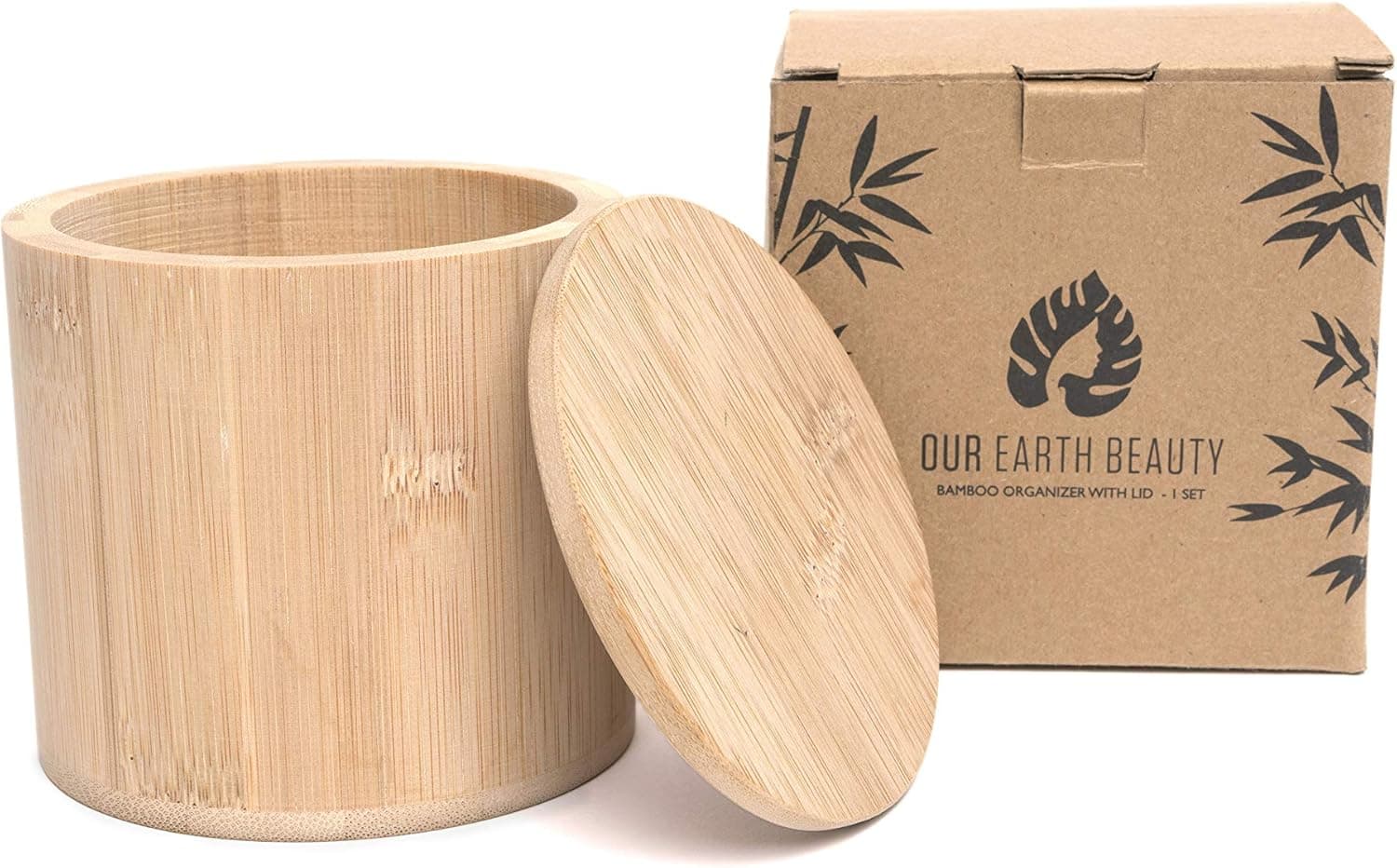 Our Earth Beauty Bamboo Q Tip Cotton Round Holder for Bathroom | Qtip Swab Makeup Pad Brush Container Dispenser and Organizer with Lid | Countertop Vanity Storage for Q-Tips, Cotton Balls