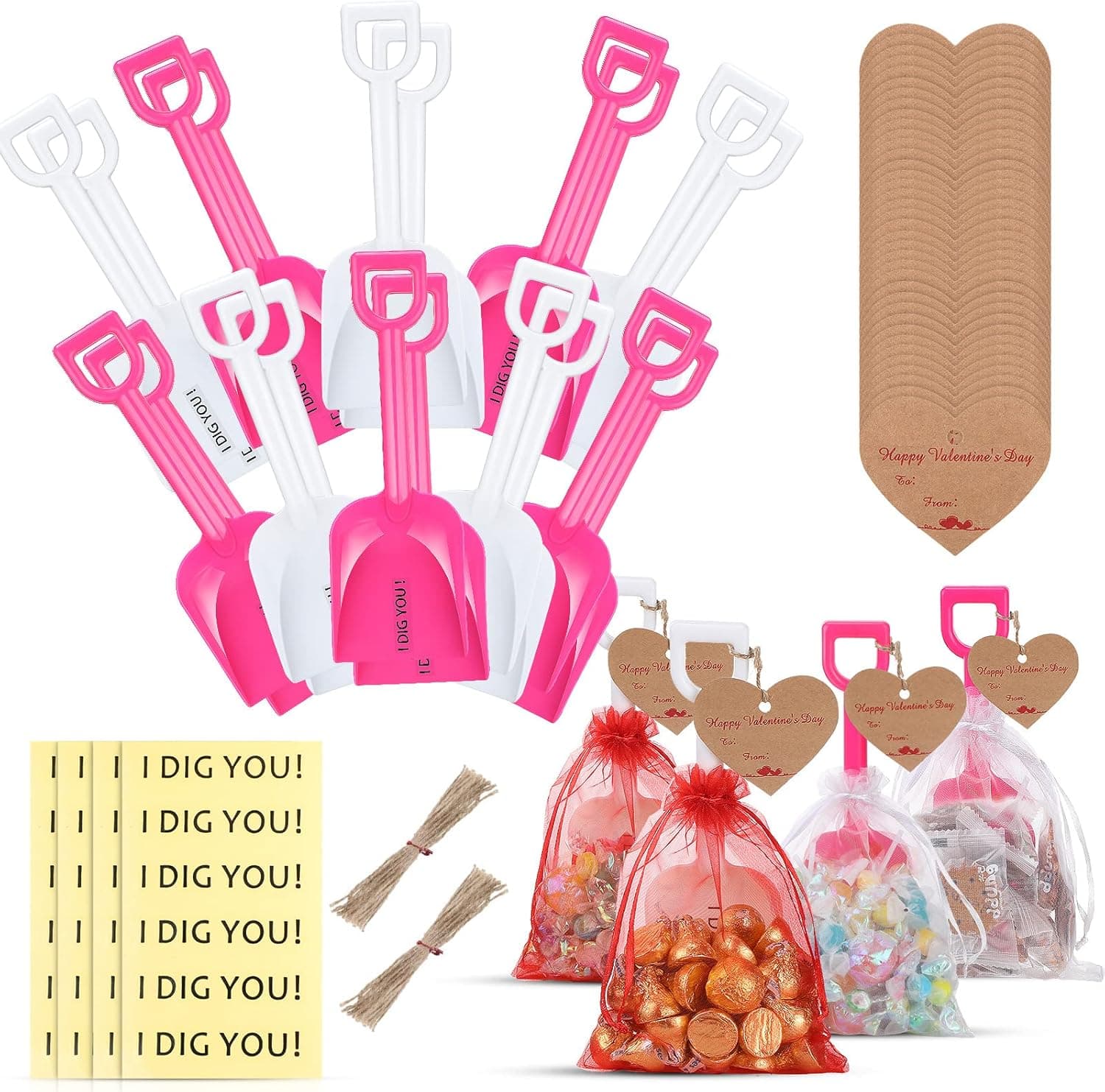 24 Sets Toy Shovels for Valentines Day Set with I Dig You Stickers, Organza Candy Bags with Ties, Blessing Cards, for School Classroom Kids Prize Valentine's Party Favor Supplies for Girls Boys