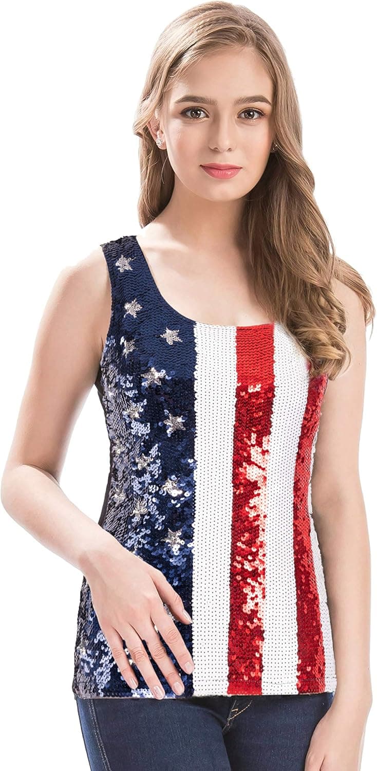 MANER Womens Sequin Tank Top American Flag Glam Butterfly Vest Tops
