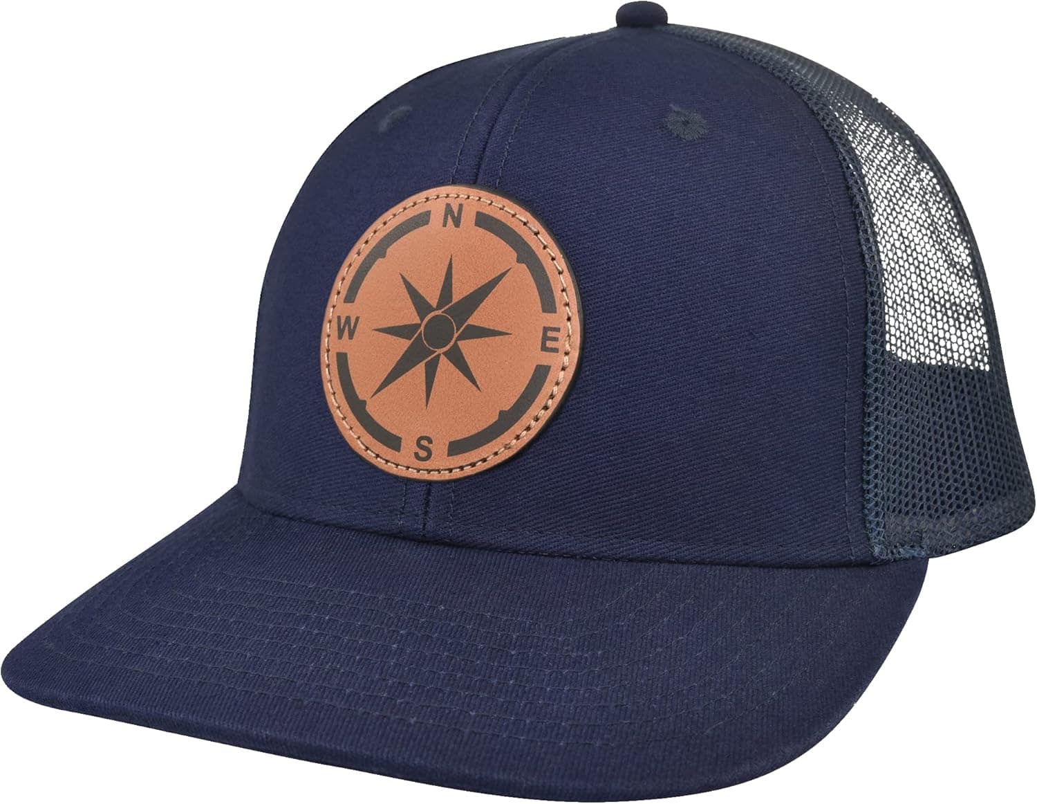 Mufassi - Mesh Baseball Hat - Leather Compass - Adjustable Snapback - Trucker Hat - Leather Patch Hat for Men and Women