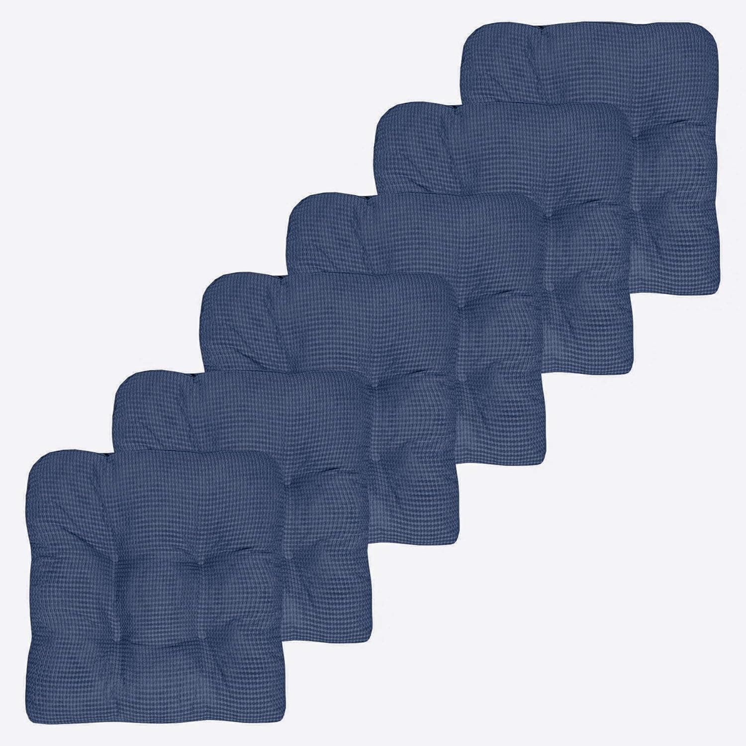 Sweet Home Collection Chair Cushion Crushed Memory Foam Pads Premium Slip Non Skid Microdot Rubber Back Tufted 16" x 16" x 3.25" Thick Seat Cover, 6 Pack, Navy Blue, Fluffy Chair Cushion