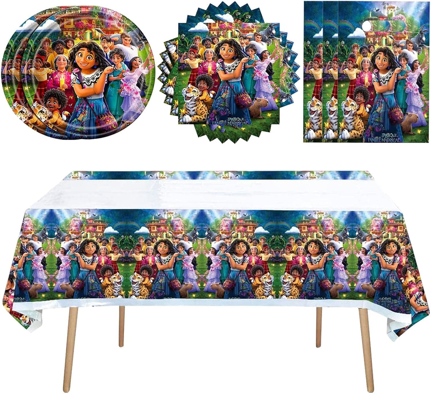 VODSEN 61pcs Birthday Party Decorations Supplies for Encanto, Included 20 Plates, 20 Napkins, 20 Paper Gift Bags & 1Tablecloth, multicolor