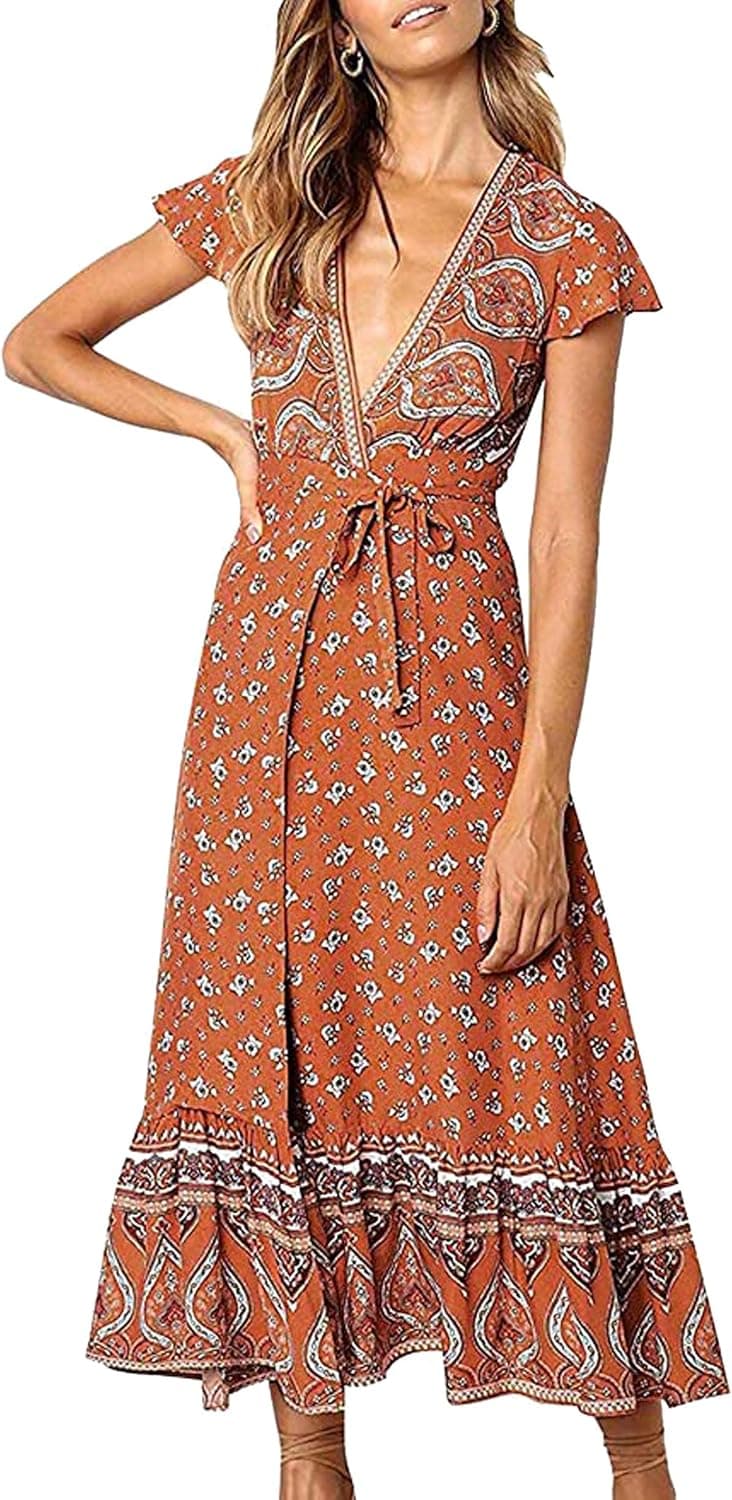 R.Vivimos Women's Summer Short Sleeve Floral Print Bohemian Beach Waist Tie Wrap Long Flowy Dress with Slit