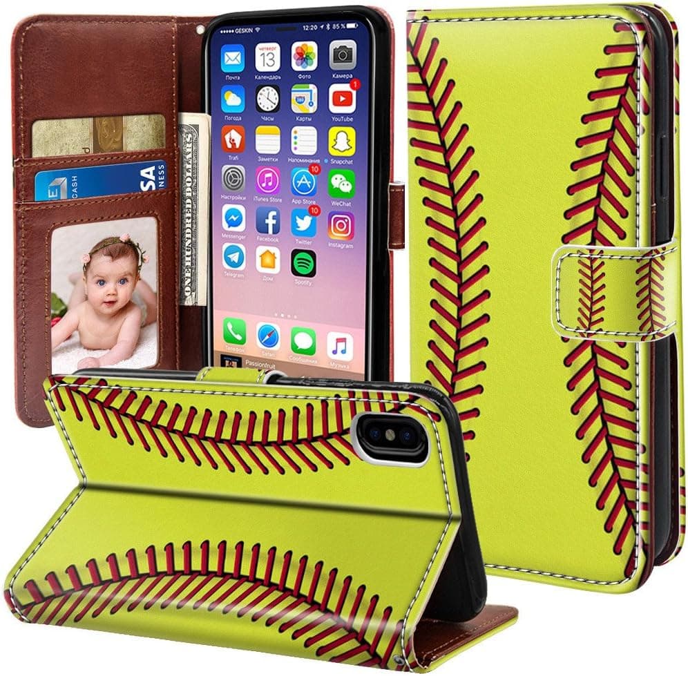 ONSPACE Wallet Case For iPhone X, Magnetic Protective Cover Case Card Slots and Wrist Strap, Custom Printed Softball PU leather Stand Feature iPhone 10 5.8 Inch Case
