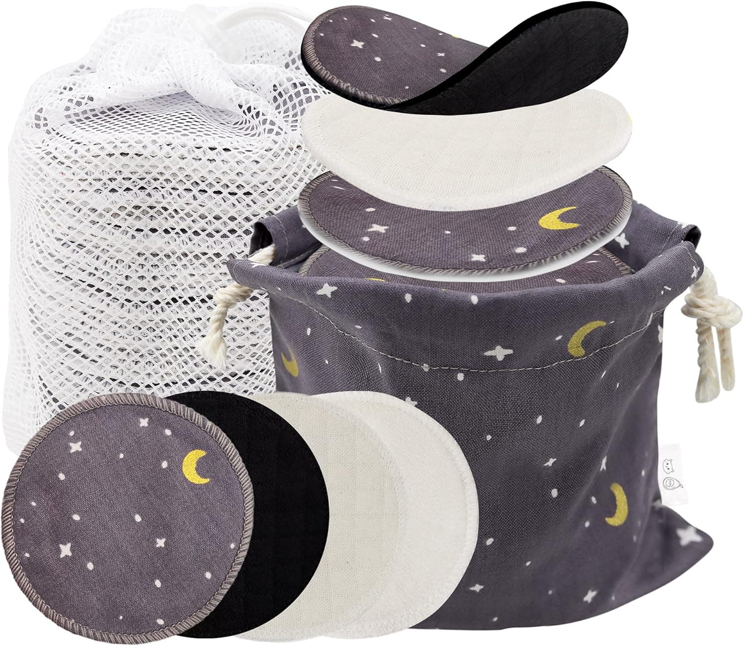 Handmade by AVO - Reusable Pads, Makeup Remover, Organic Cotton Rounds, Pads Facial Rounds Fabric Pouch Laundry Bag (Moon&Star Variety Set)