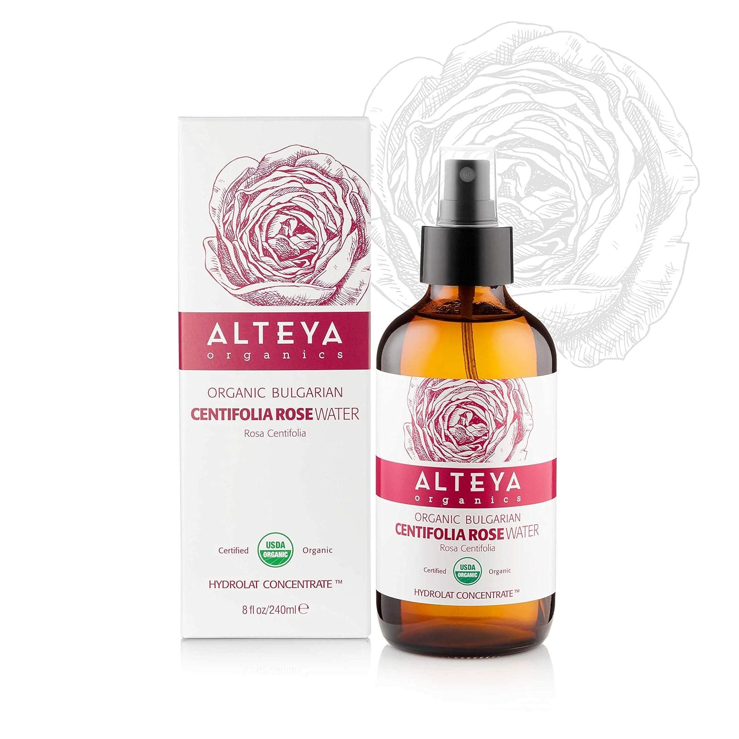 Alteya Organic Centifolia Rose Water Spray 240ml Glass bottle- 100% USDA Certified Organic Authentic Pure Rosa Centifolia Flower Water Steam-Distilled and Sold Directly by the Grower Alteya Organics
