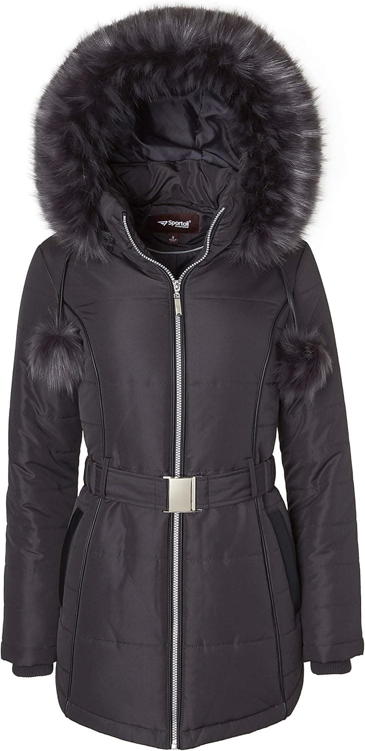 Women's Down Alternative Long Belted Puffer Coat with Fur Trim Detachable Hood - Hematite (2X)