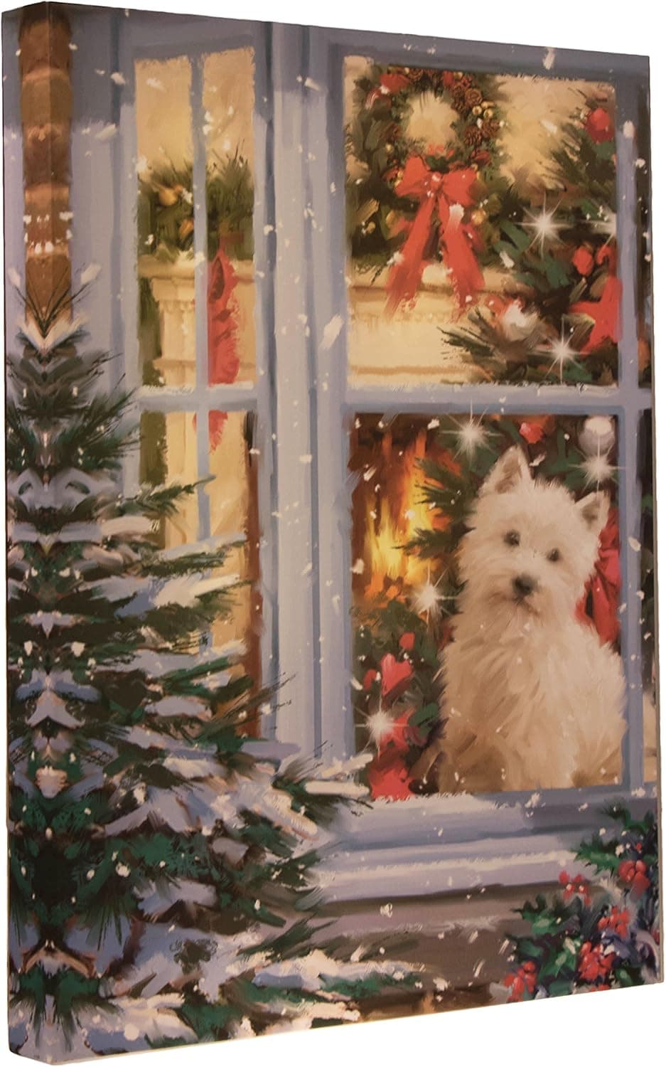 Clever Creations 16 x 12 Inch Christmas LED Wall Canvas Art Home Decor, Light Up Battery Operated Snowy Winter Scene, Puppy Dog