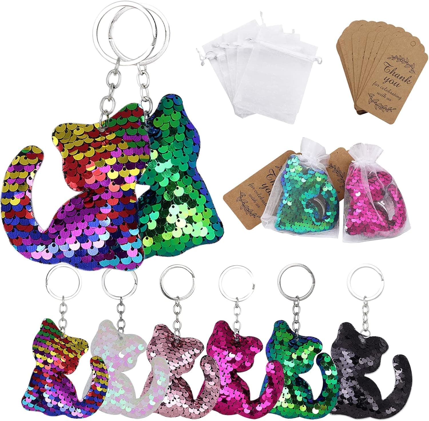 sunny seat Cute Cat Keychain 24 Pack Goodie Gifts with Thank You Kraft Tags And White Gift Bags For Kid Birthday Party Supplies