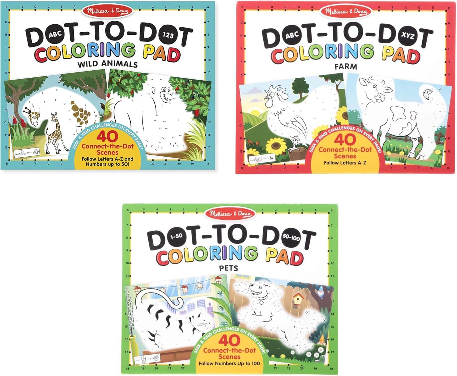 Melissa & Doug Dot-To-Dot Number and Letter Coloring Pad 3-Pack (ABC Farm, 123 Pets, ABC-123 Wild Animals)