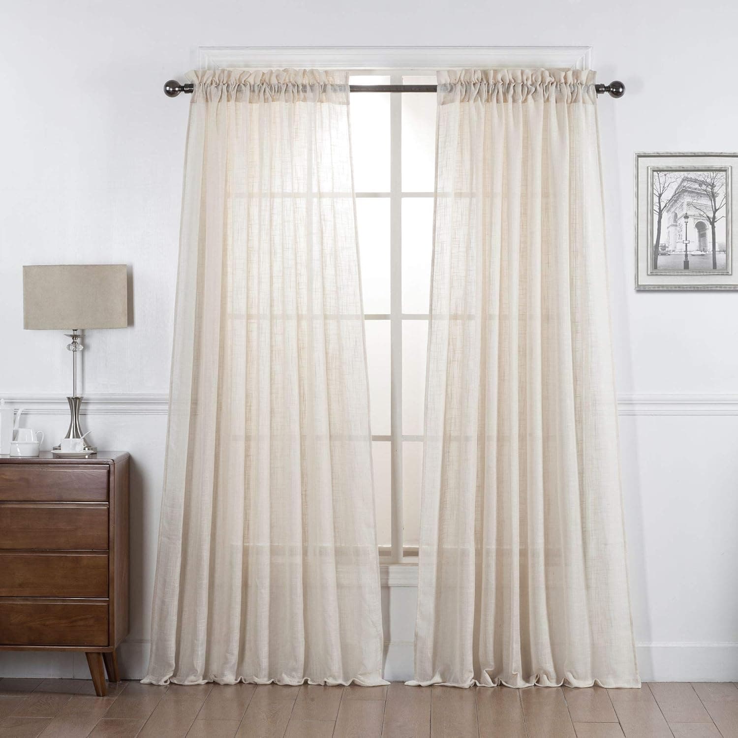 Set of 2 Linen Textured Rod Pocket Top Sheer Window Treatments Curtain Panels (52" W x 84" L, Beige)