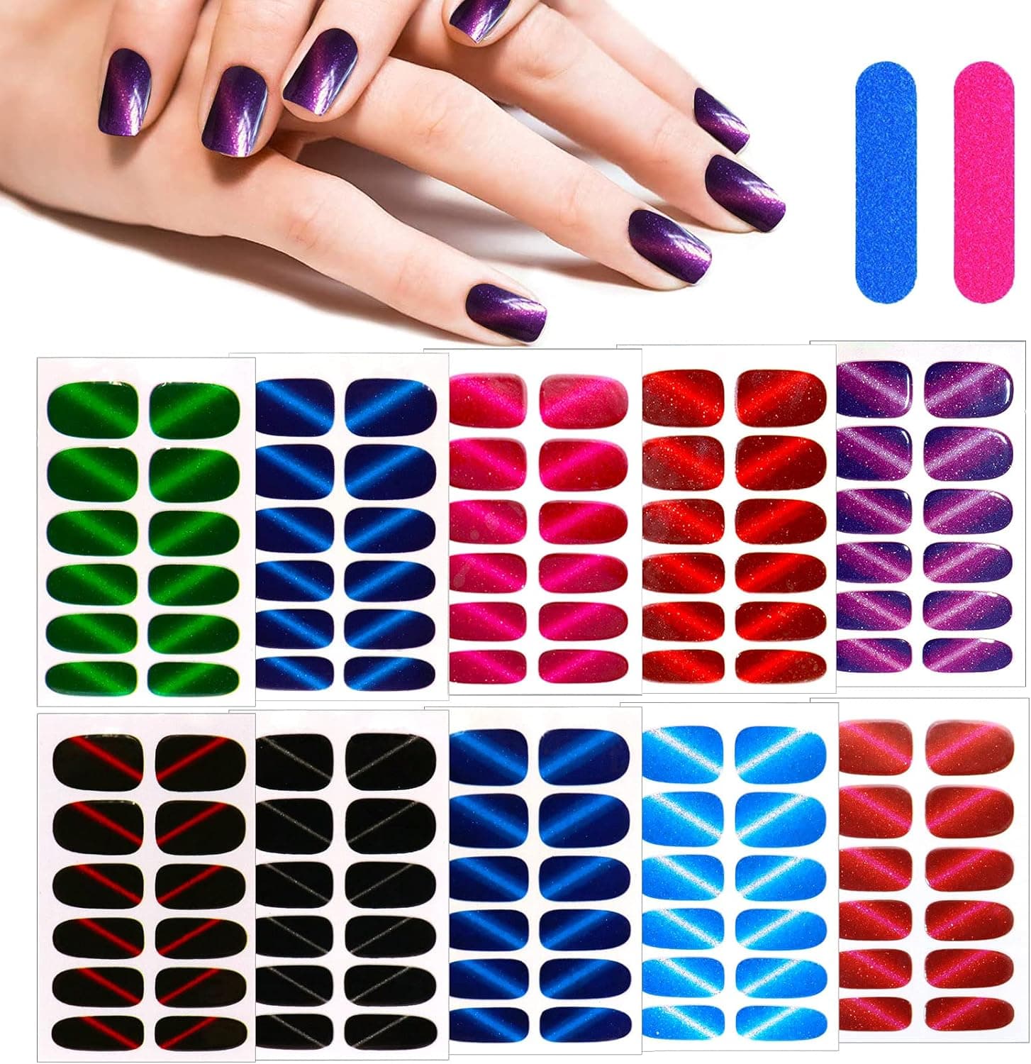 10 Sheets Nail Polish Strips | Self-Adhesive DIY Nail Stickers for Women | Fashion Multiple Colour Full Nail Polish Stickers | Includes 2 Nail Files (Classic cat Eye)