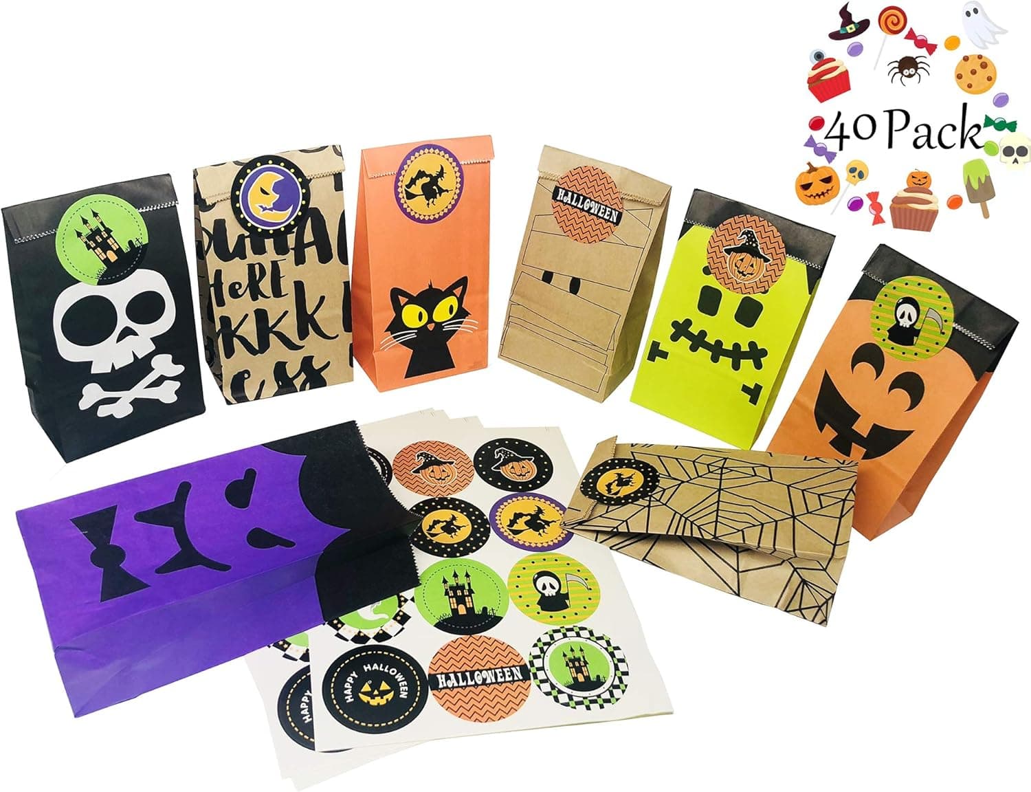 Halloween Trick or Treat Goody Bags Paper Gift Bags, Halloween Stickers Party Favor Candy Bags - 40PCS