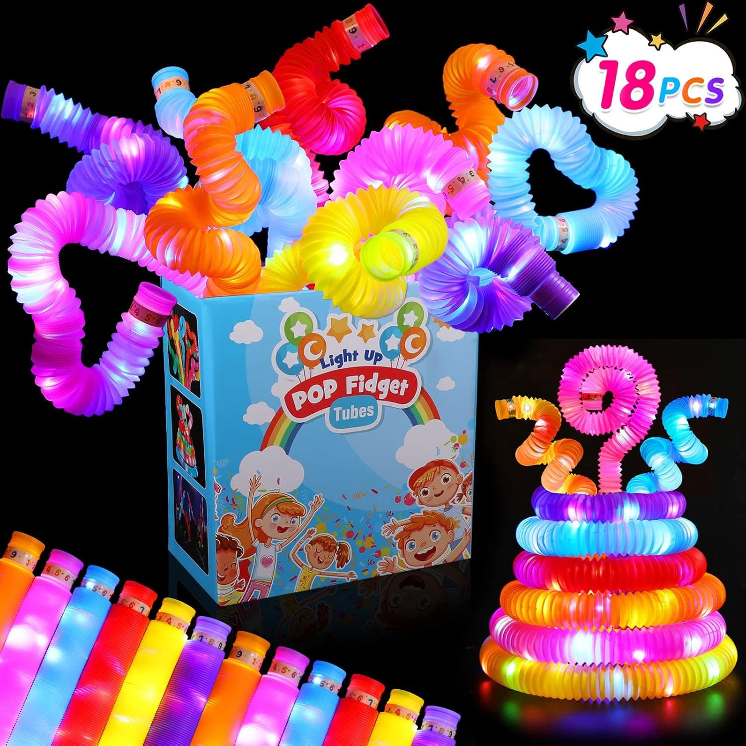 18PCS Glow Sticks Party Favors for Kids 4-8 Light Up Pop Tubes Glow in The Dark Party Supplies Stress Relief Toys Goodie Bag Stuffers Halloween Praty Favors Birthday